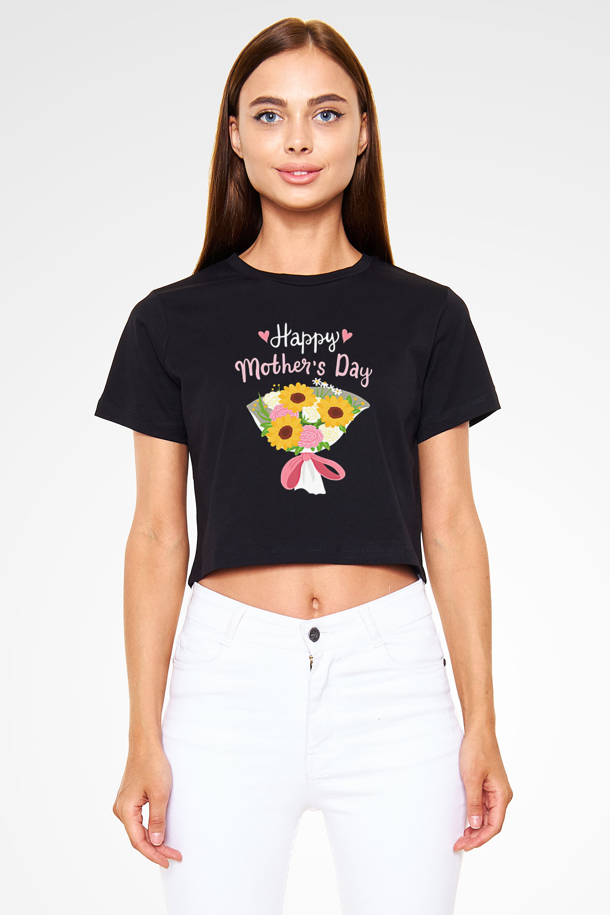 Anneler Günü Baskılı Siyah Crop Top Kadın Tişört - Tshirt