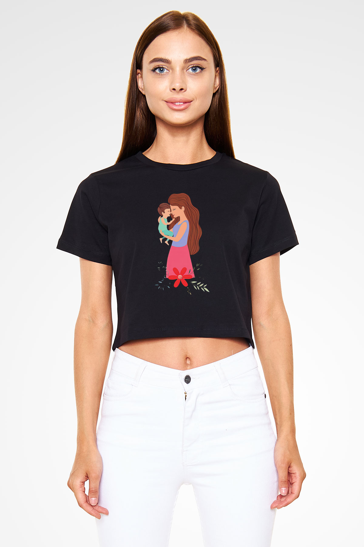 Anneler Günü Baskılı Siyah Crop Top Kadın Tişört - Tshirt