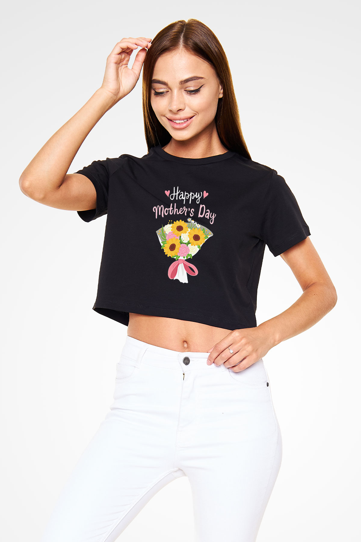 Anneler Günü Baskılı Siyah Crop Top Kadın Tişört - Tshirt