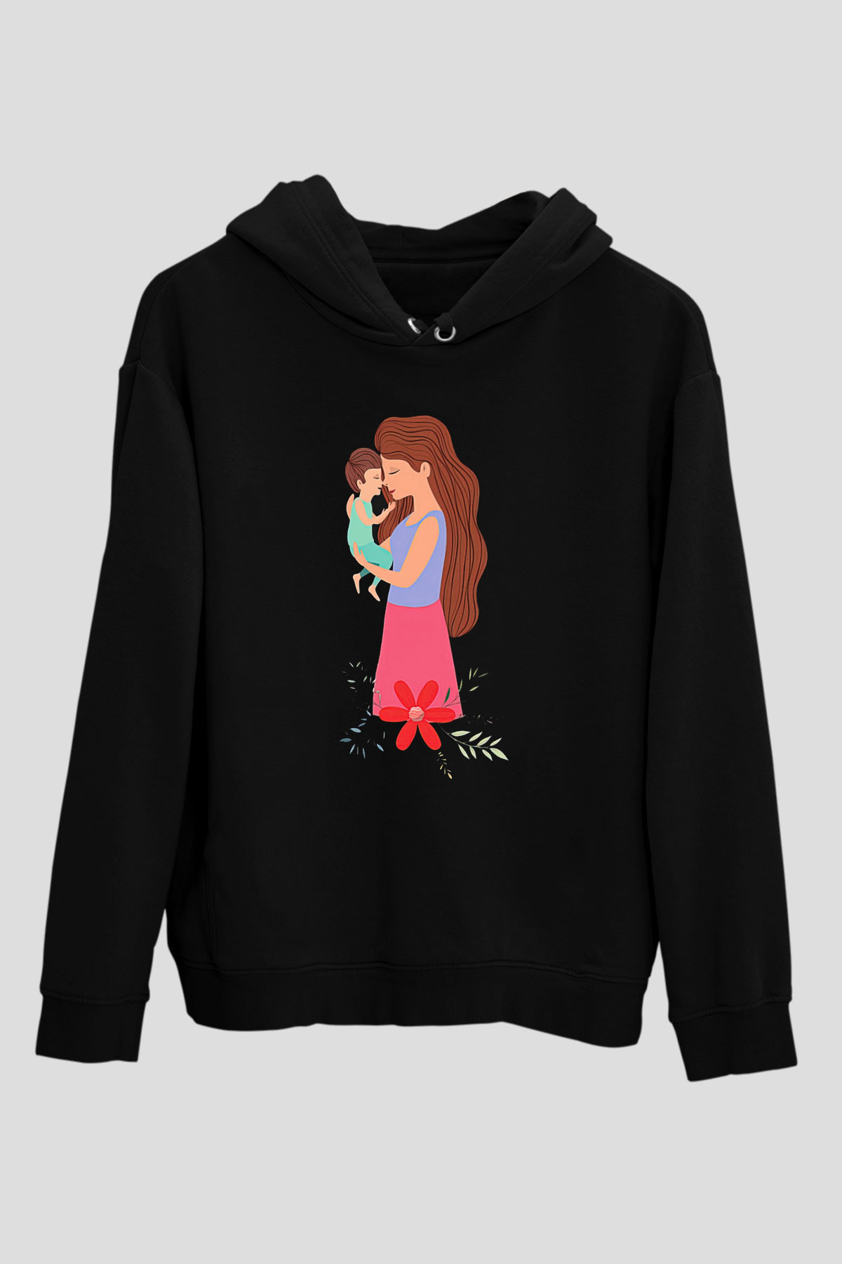 Anneler Günü Baskılı Unisex Siyah Hoodie