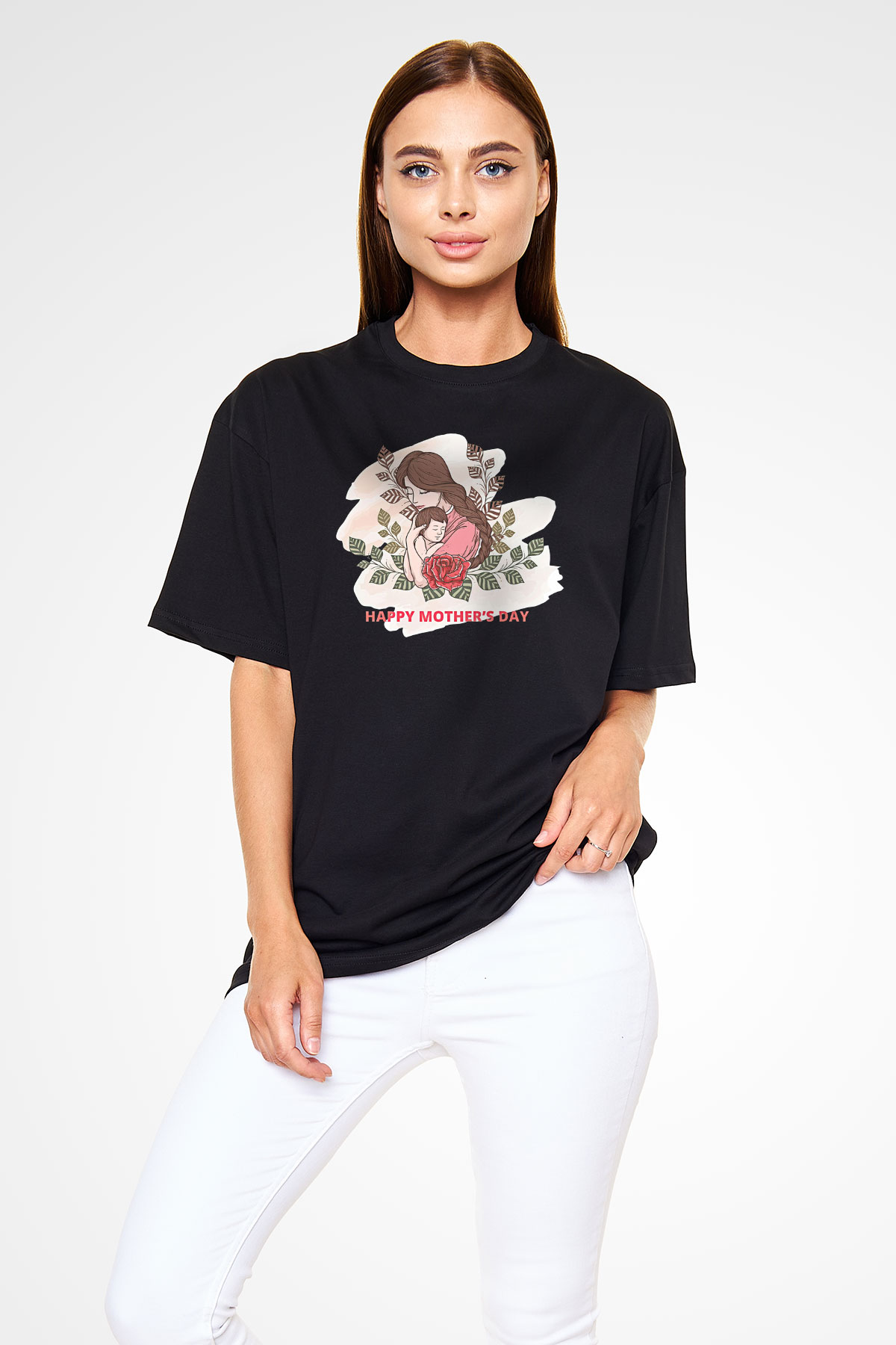 Anneler Günü Baskılı Unisex Siyah Oversize Tişört - Tshirt