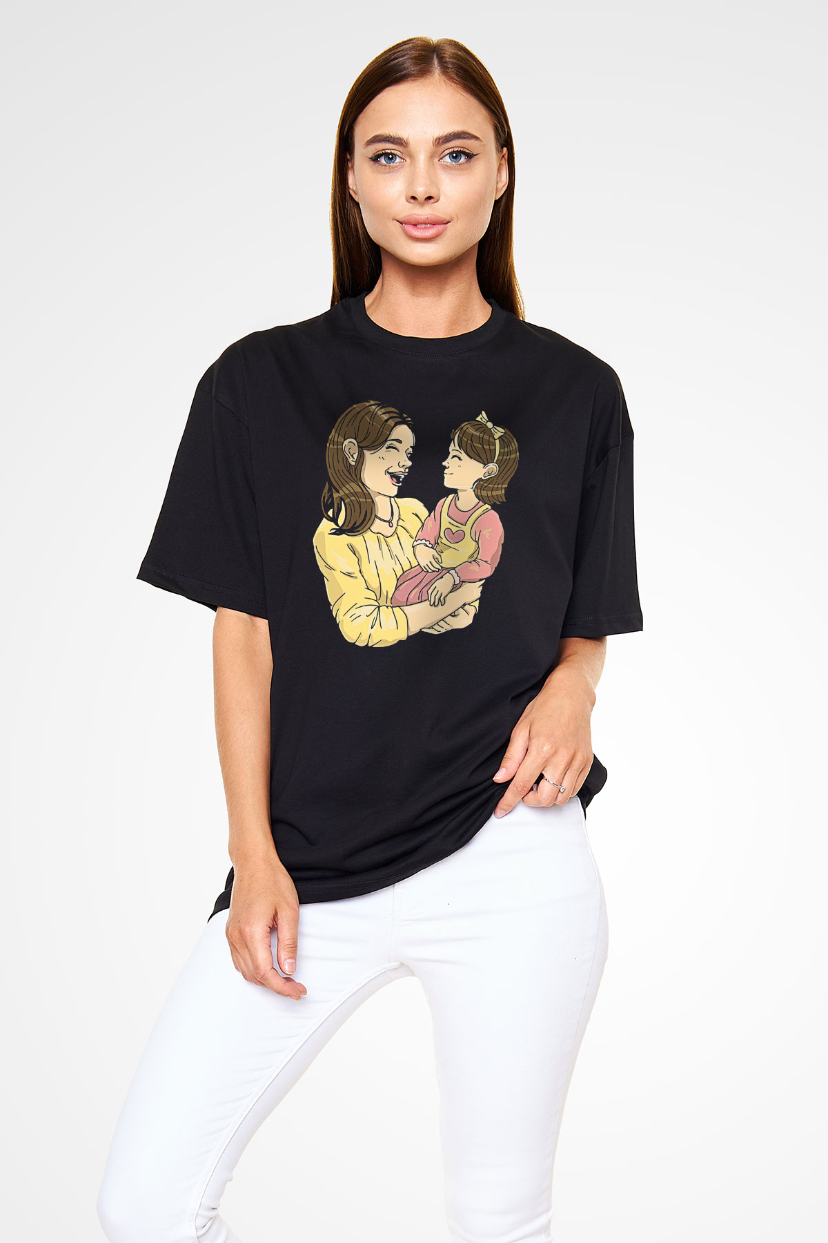 Anneler Günü Baskılı Unisex Siyah Oversize Tişört - Tshirt