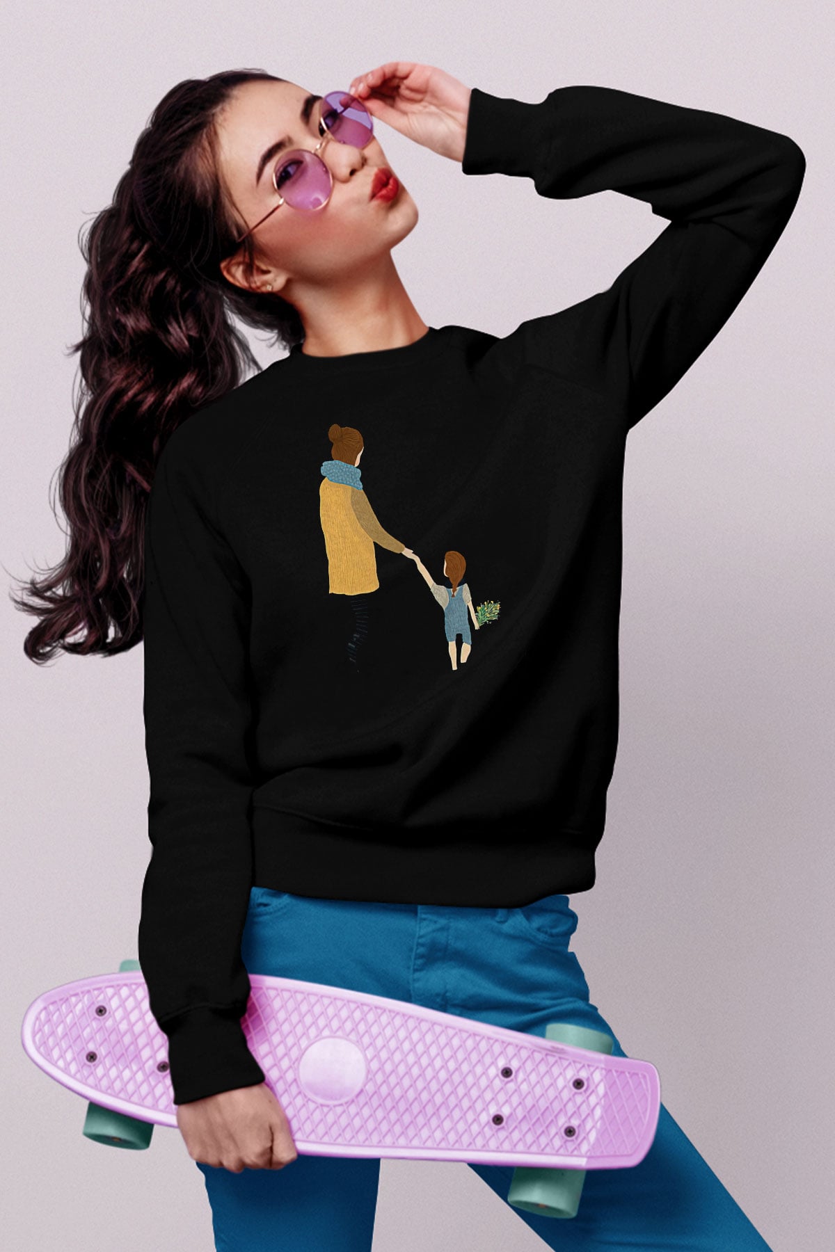 Anneler Günü Baskılı Unisex Siyah Sweatshirt