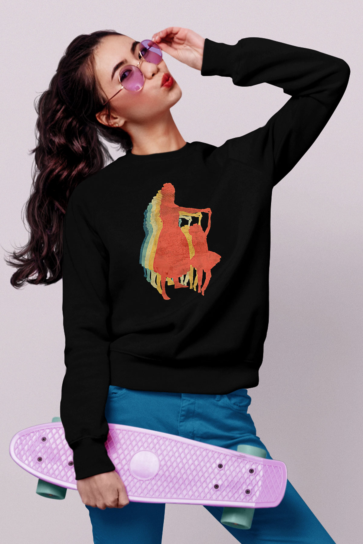 Anneler Günü Baskılı Unisex Siyah Sweatshirt