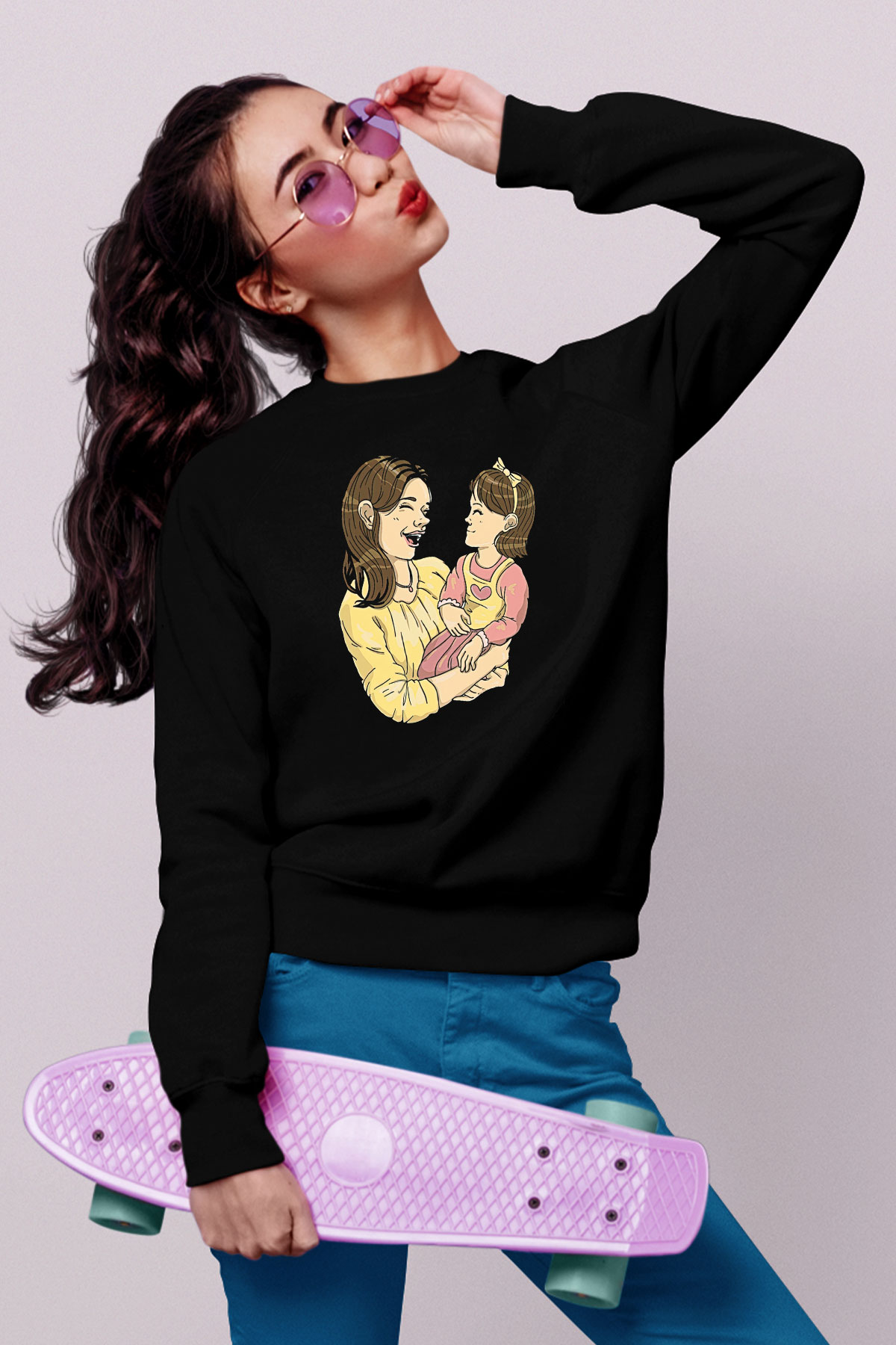 Anneler Günü Baskılı Unisex Siyah Sweatshirt
