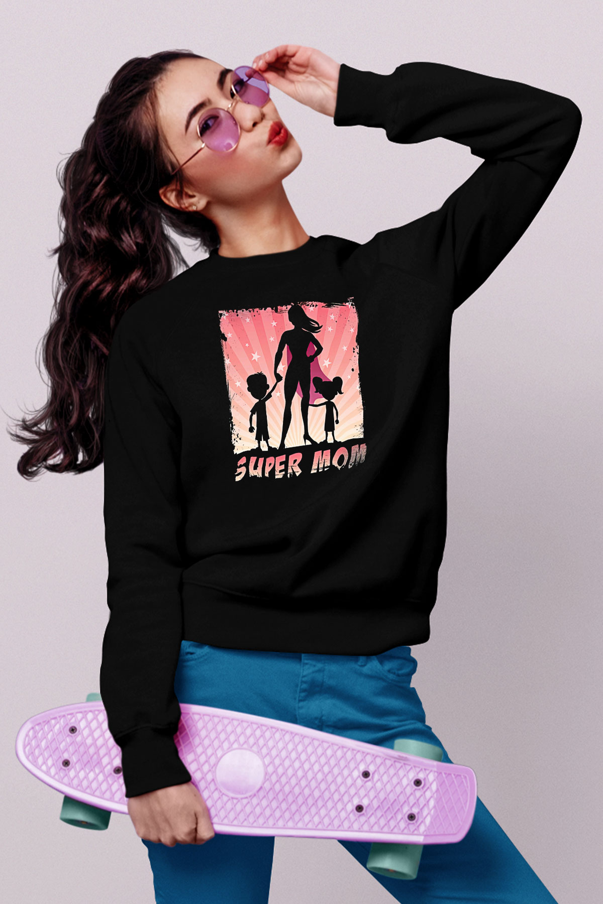 Anneler Günü Baskılı Unisex Siyah Sweatshirt