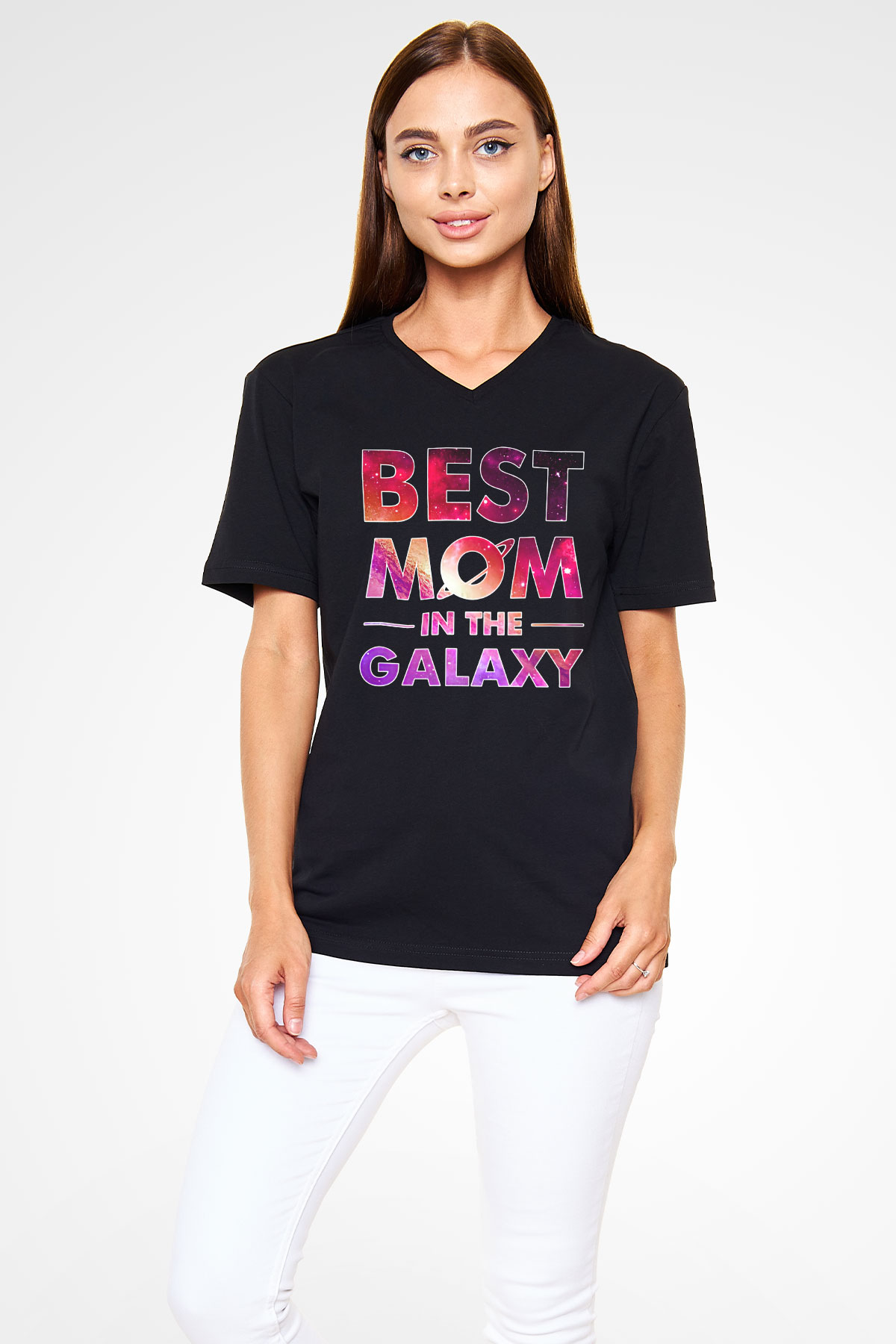 Anneler Günü Baskılı Unisex Siyah V Yaka Tişört - Tshirt