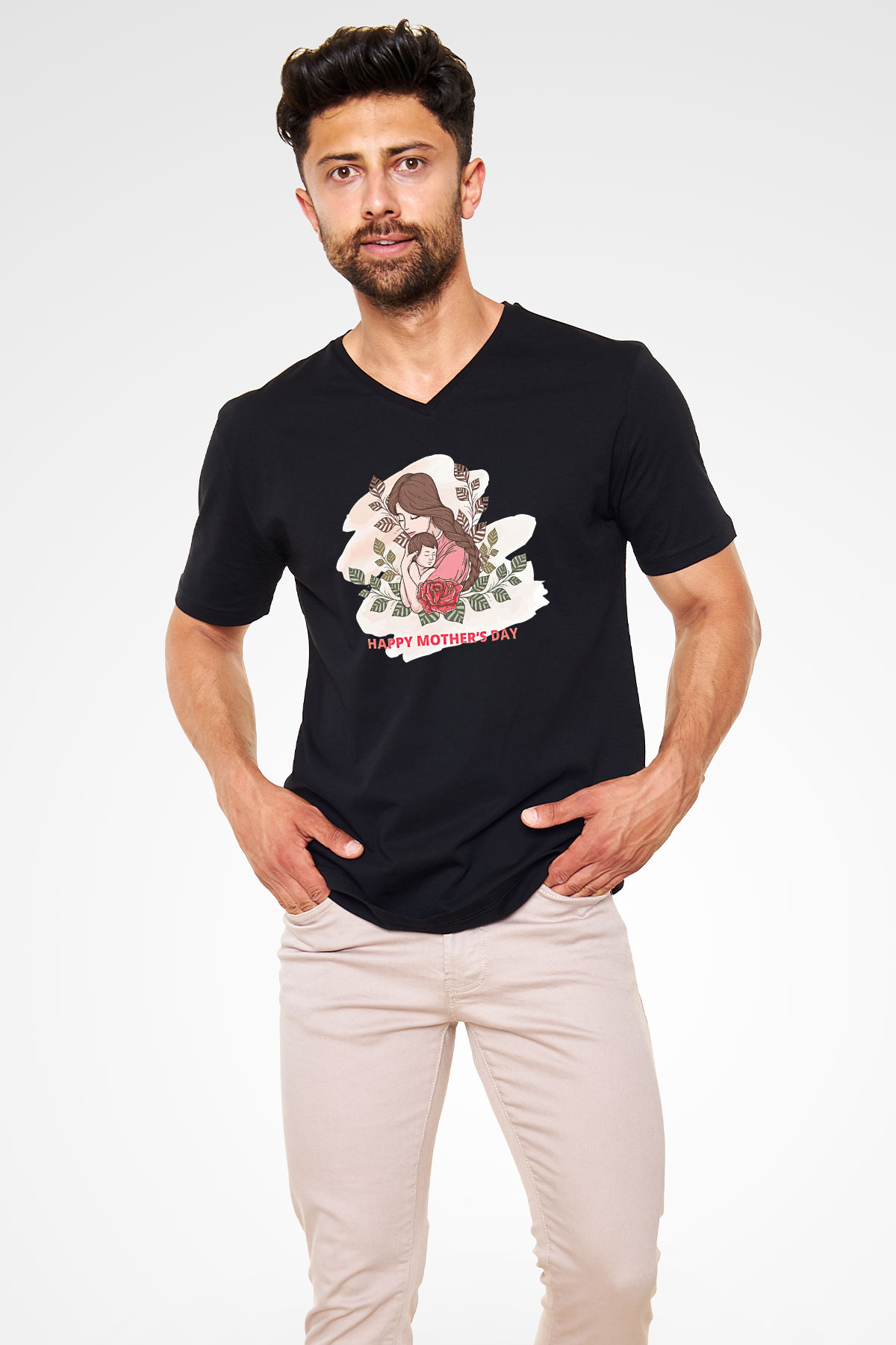Anneler Günü Baskılı Unisex Siyah V Yaka Tişört - Tshirt