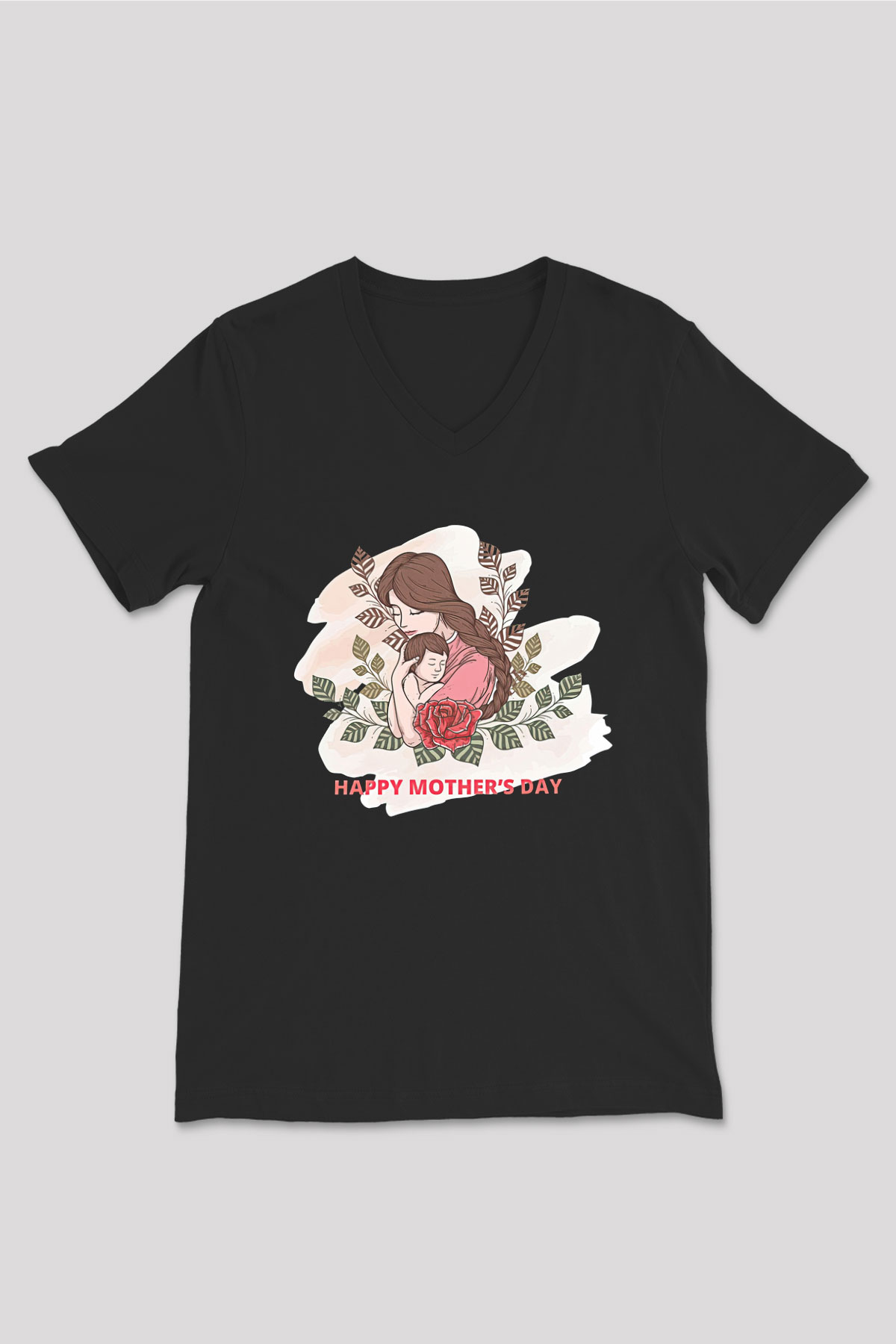 Anneler Günü Baskılı Unisex Siyah V Yaka Tişört - Tshirt