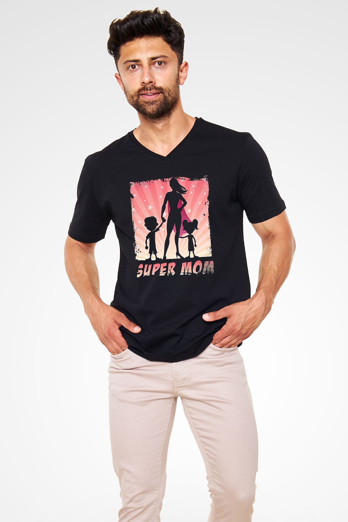 Anneler Günü Baskılı Unisex Siyah V Yaka Tişört - Tshirt