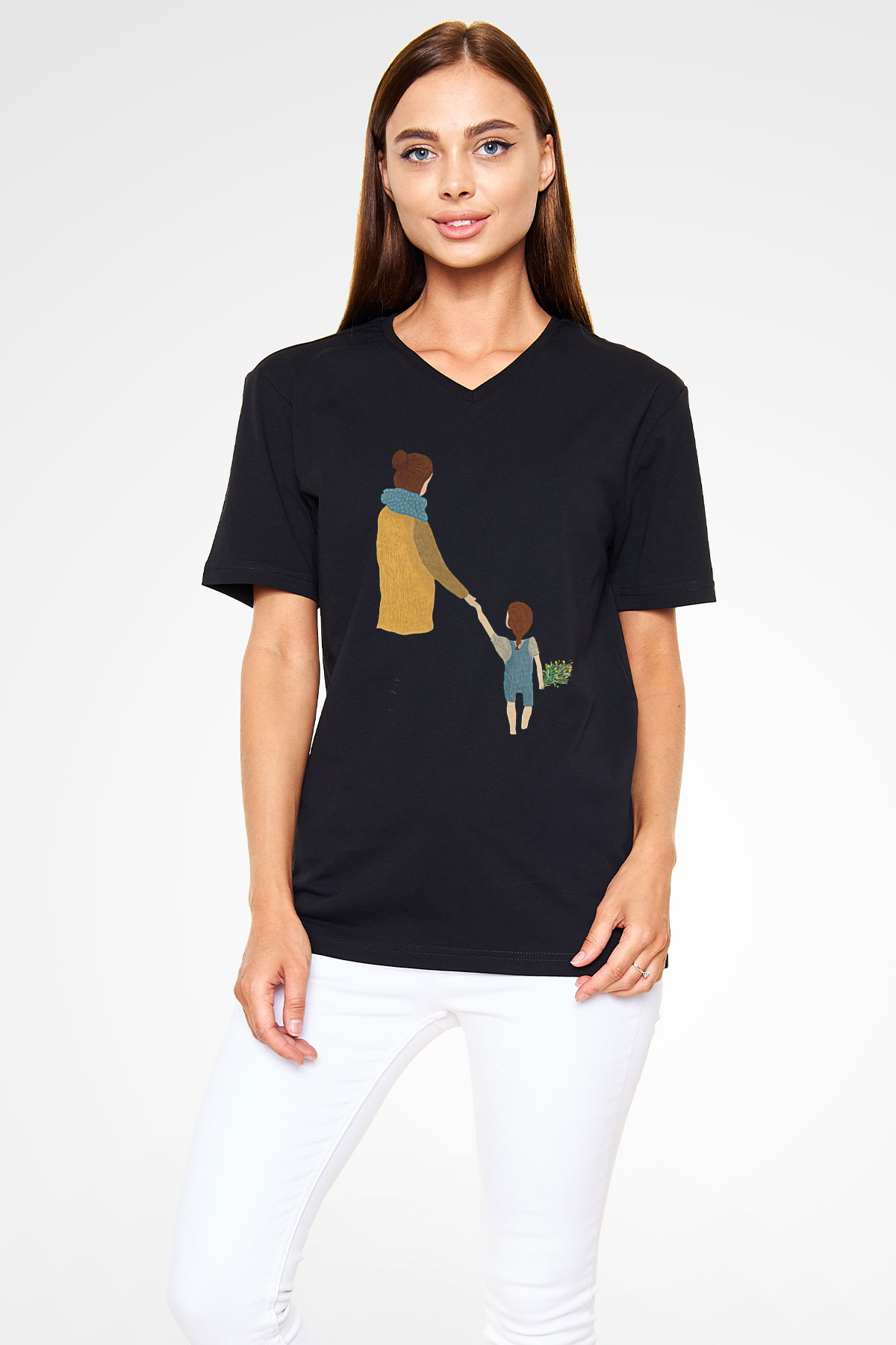 Anneler Günü Baskılı Unisex Siyah V Yaka Tişört - Tshirt
