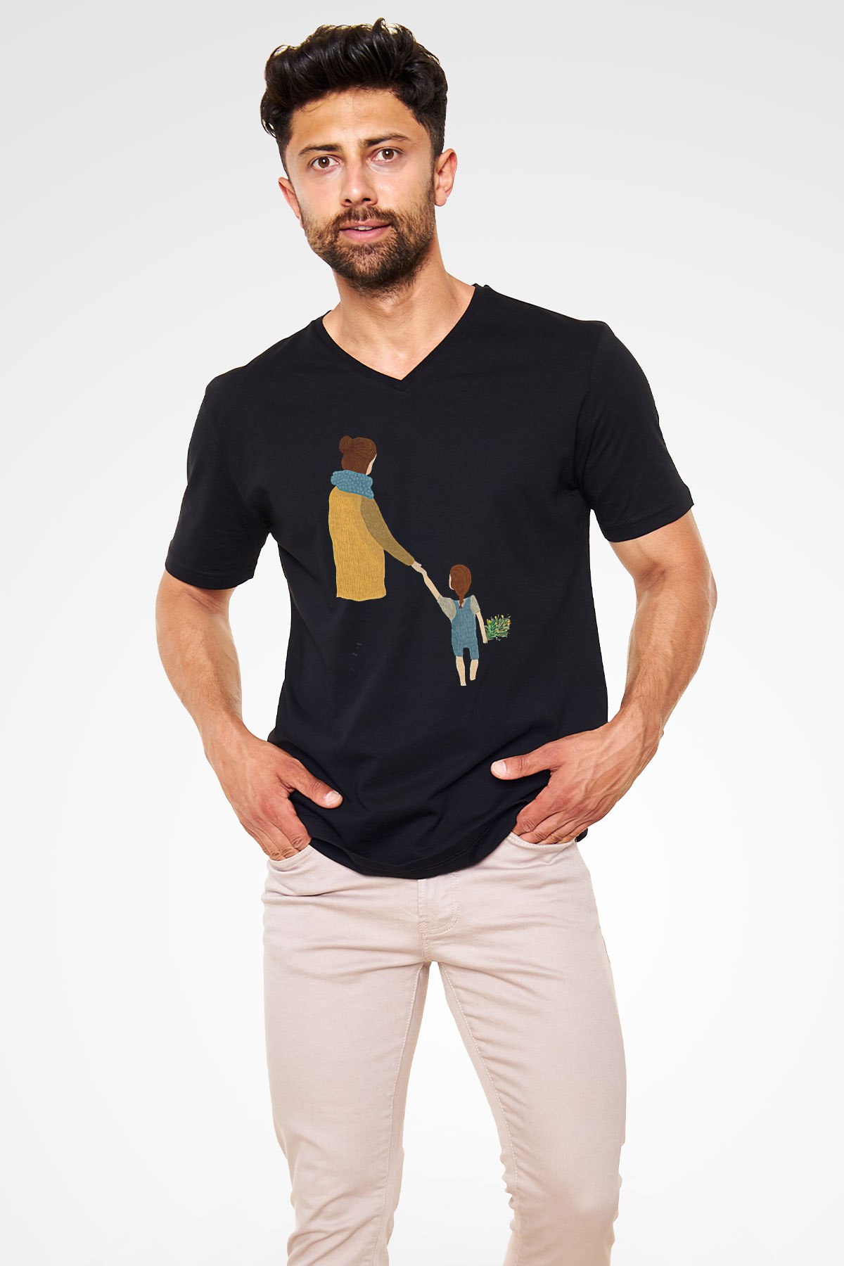 Anneler Günü Baskılı Unisex Siyah V Yaka Tişört - Tshirt