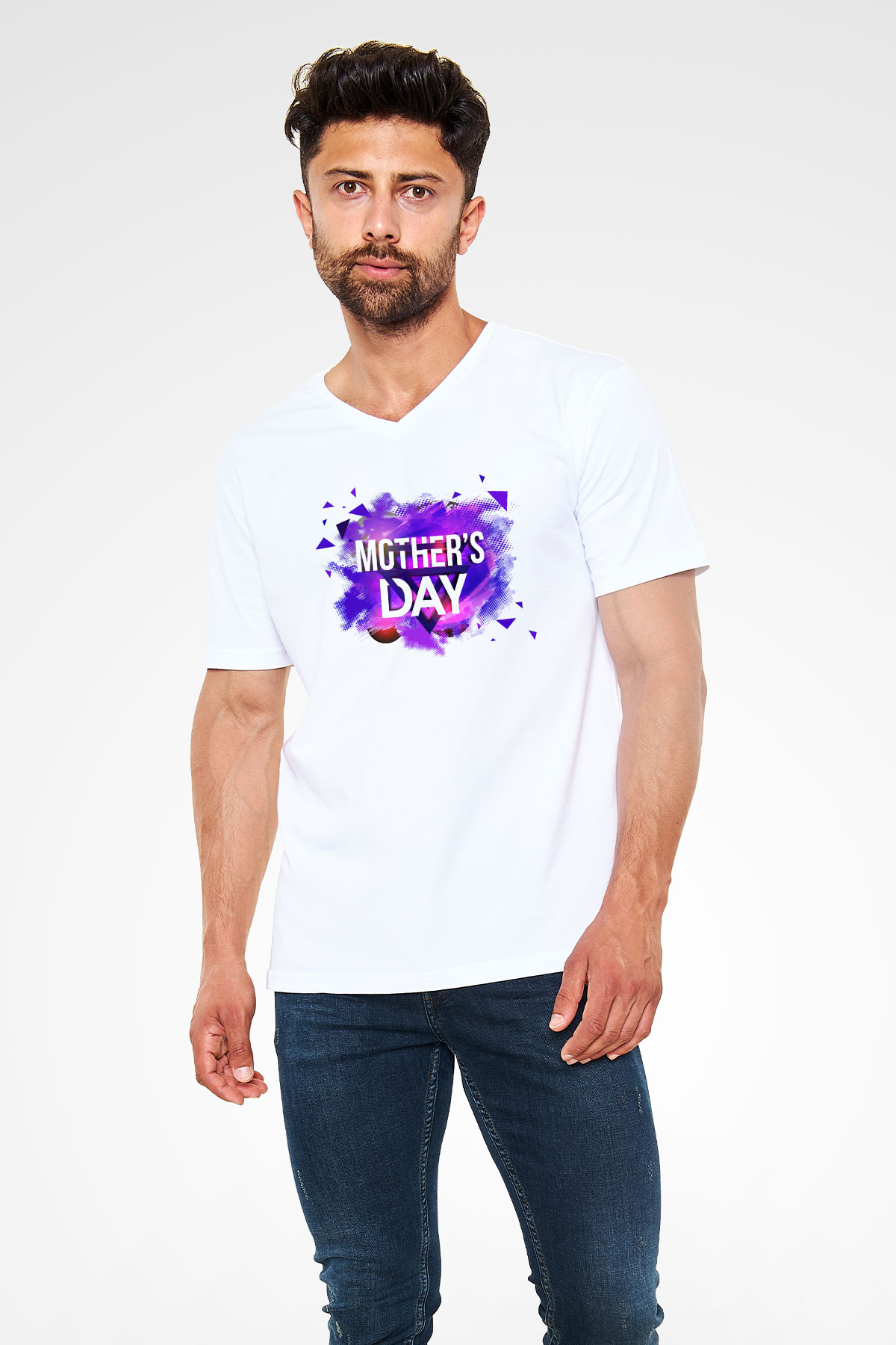 Anneler Günü Beyaz Unisex V Yaka Tişört T-Shirt