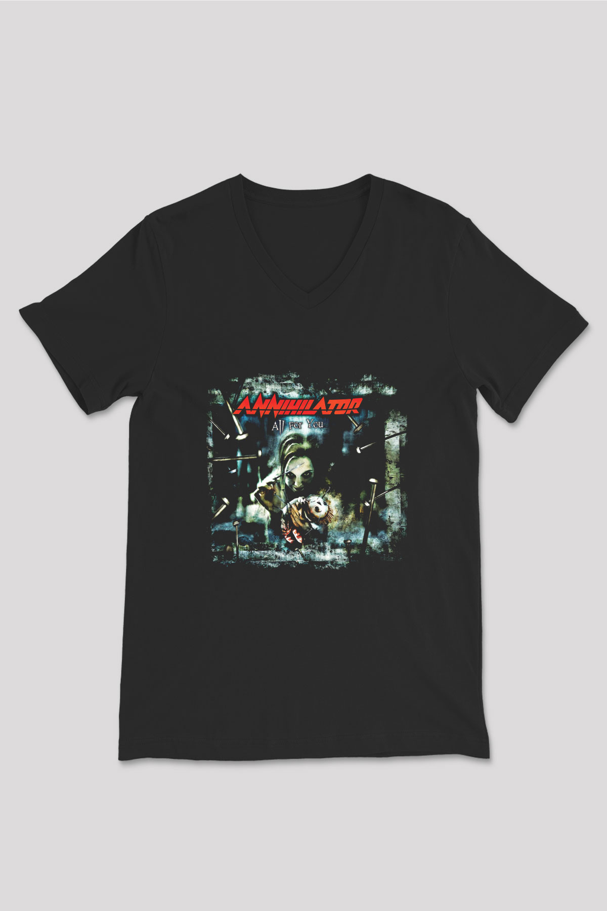 Annihilator Baskılı Unisex Siyah V Yaka Tişört