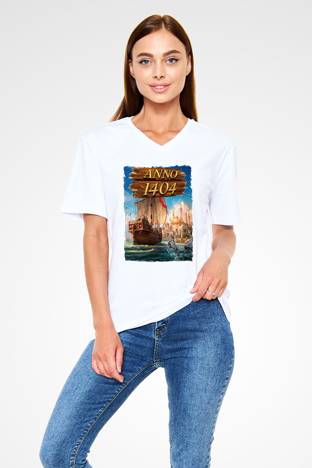 Anno 1404 Beyaz Unisex V Yaka Tişört