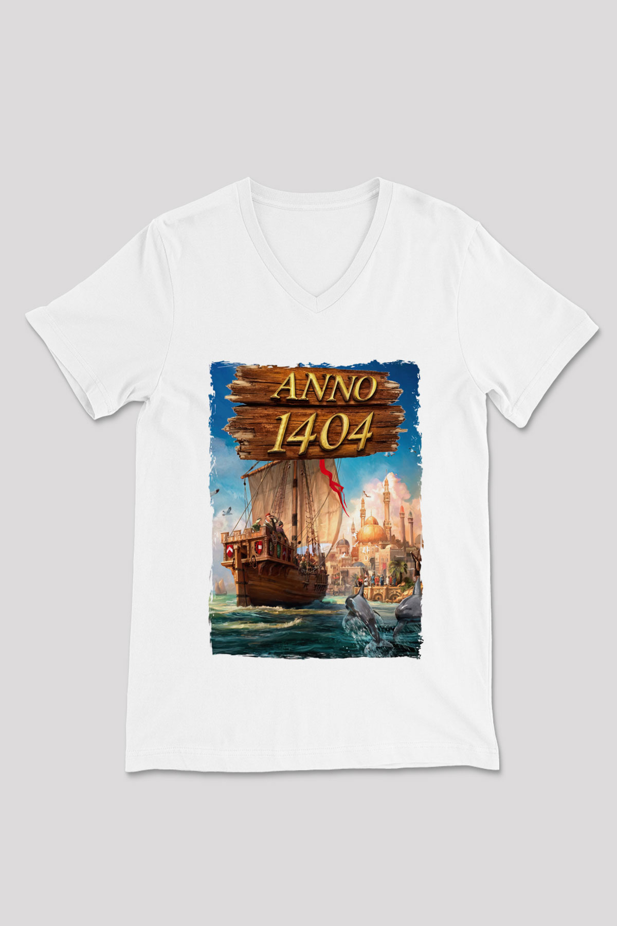 Anno 1404 Beyaz Unisex V Yaka Tişört
