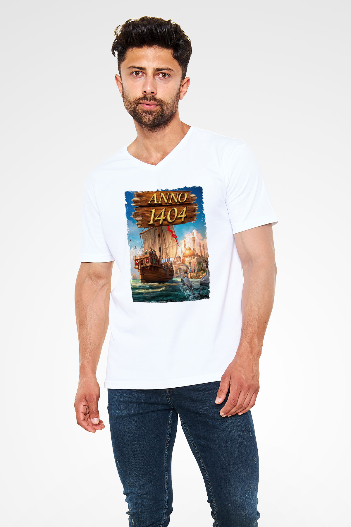 Anno 1404 Beyaz Unisex V Yaka Tişört