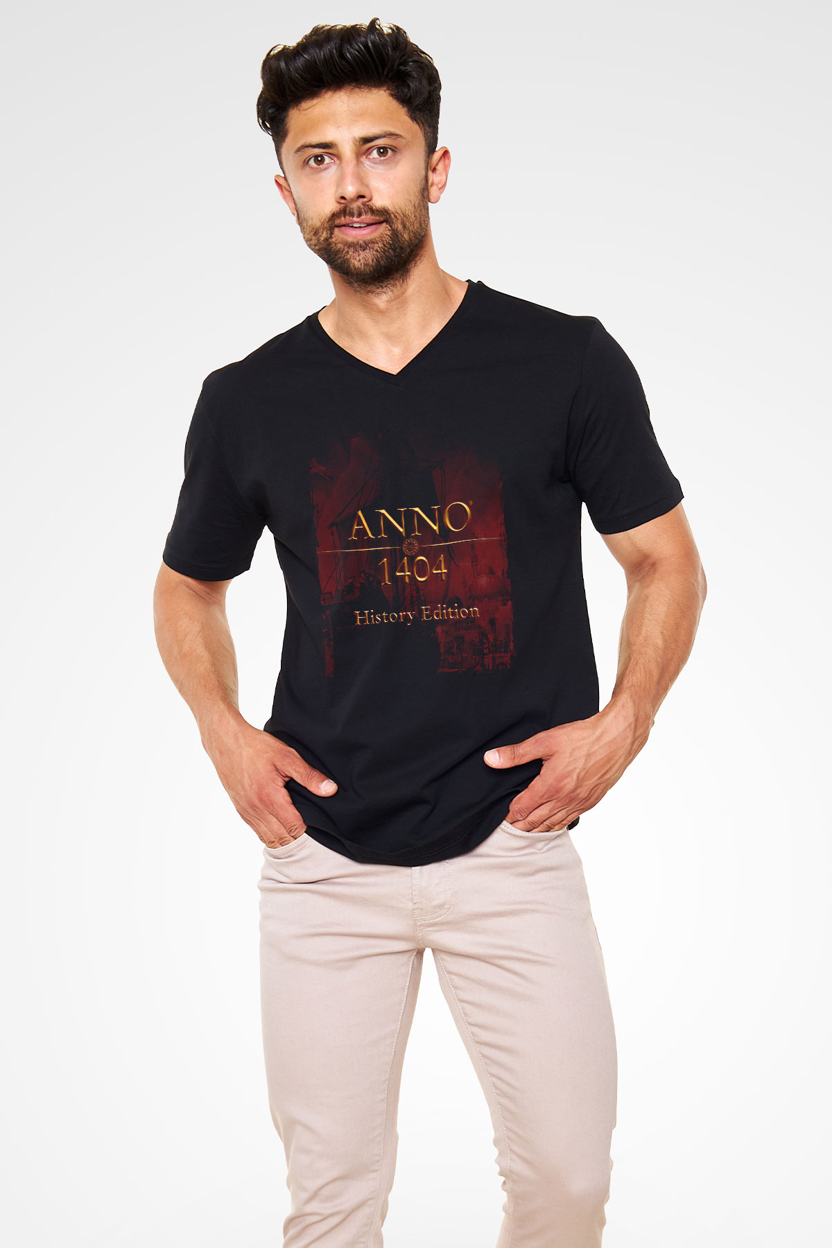 Anno 1404 Siyah Unisex V Yaka Tişört