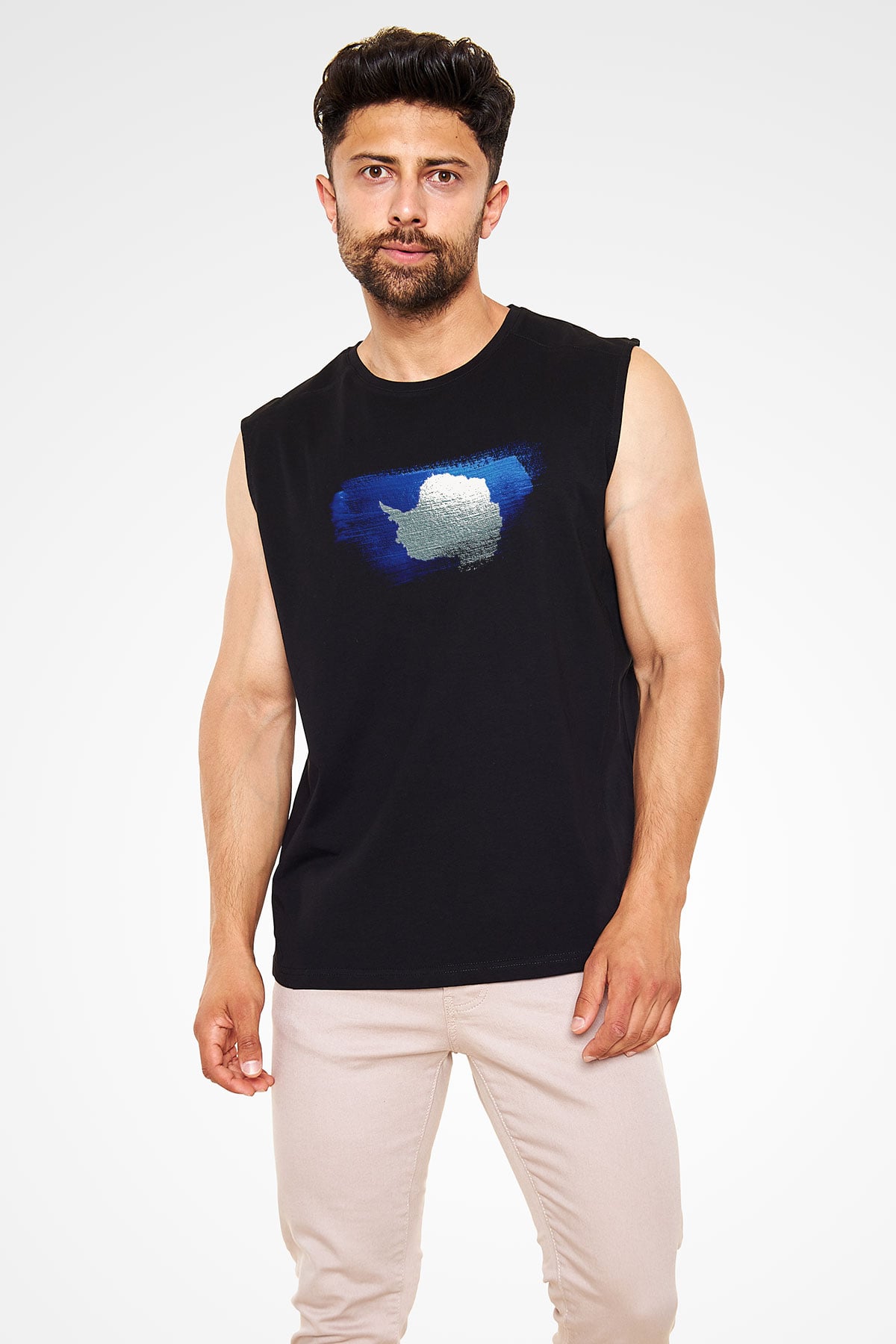 Antartika - Antarctica Bayrağı Baskılı Unisex Siyah Kolsuz Tişört