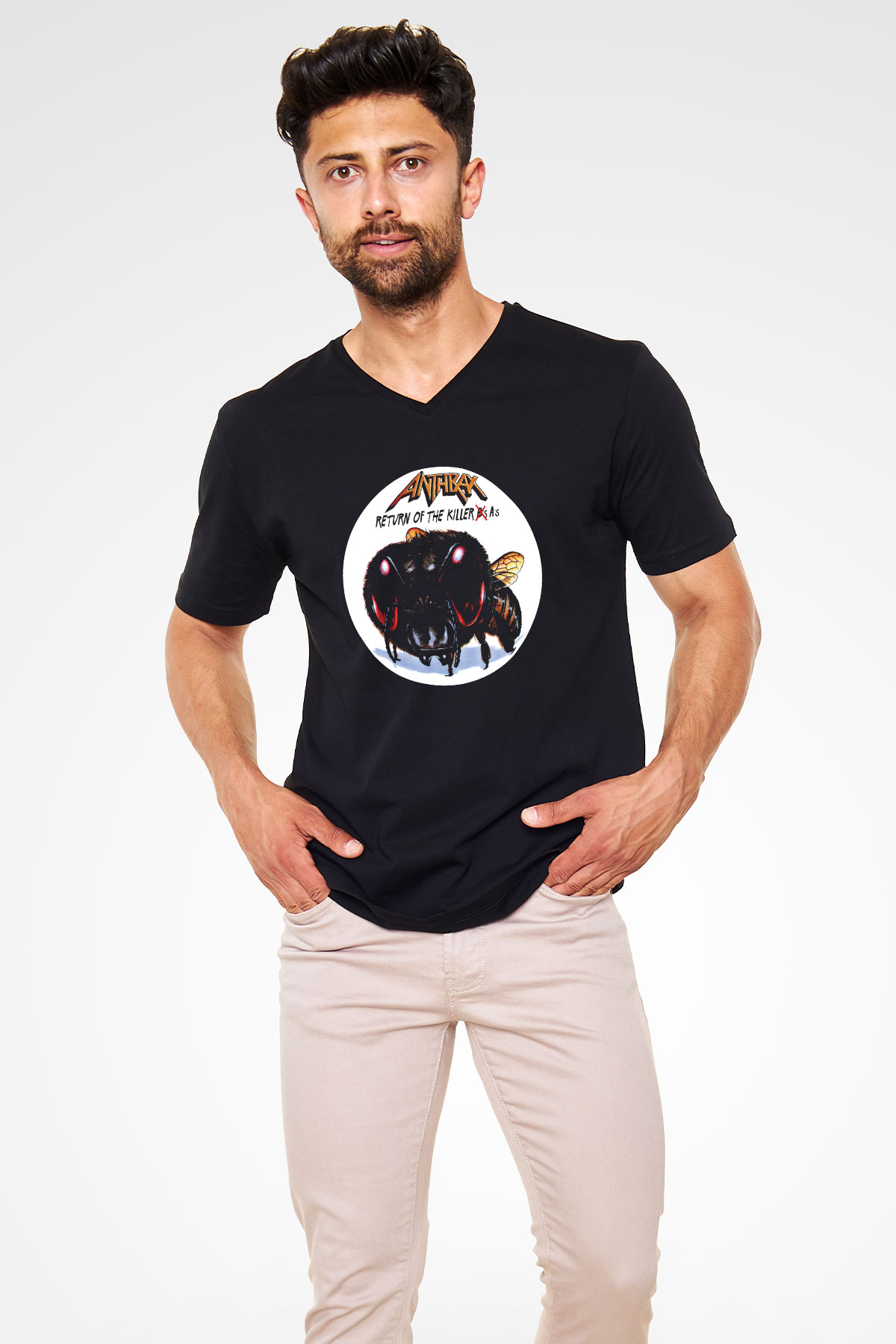 Anthrax Baskılı Unisex Siyah V Yaka Tişört