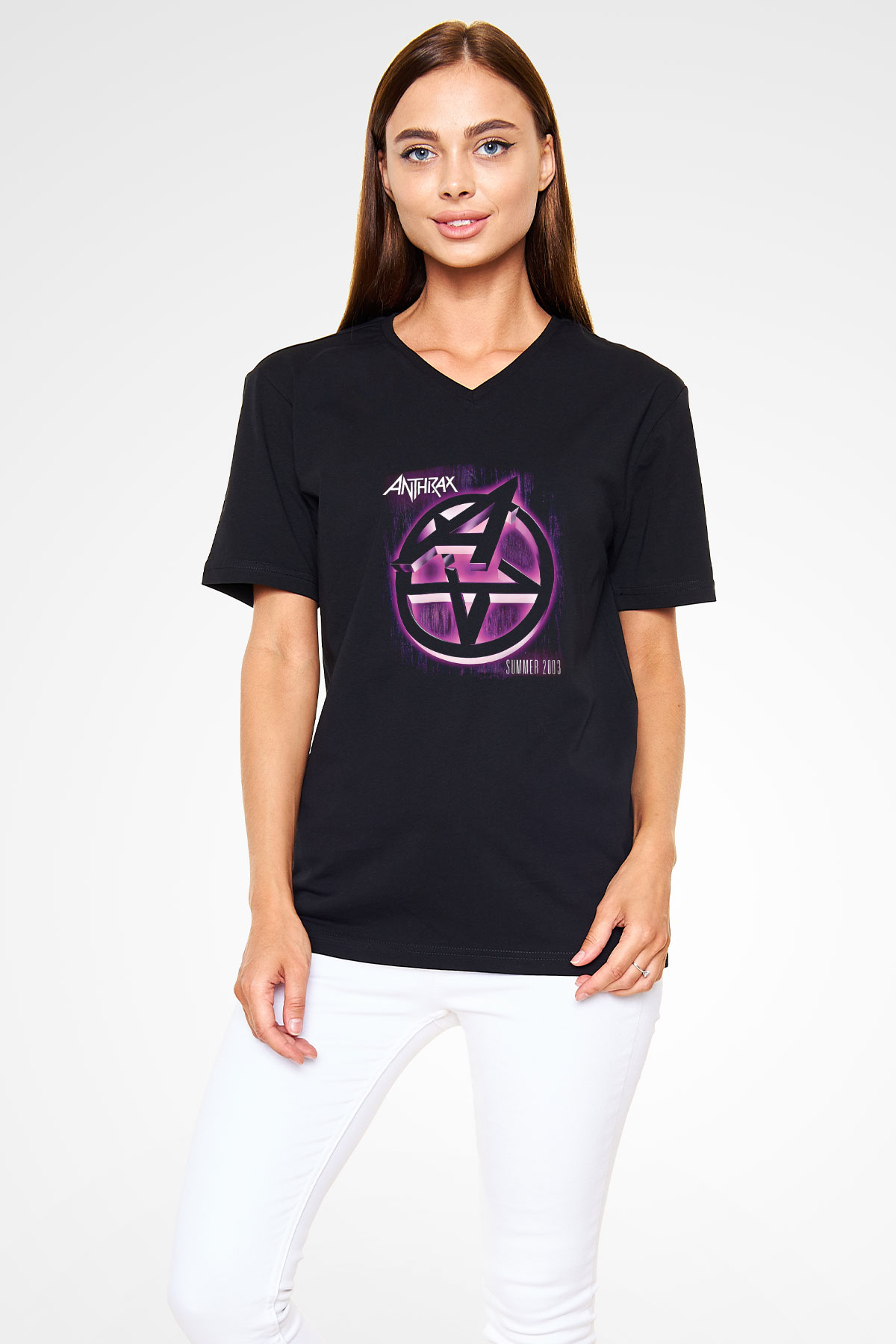 Anthrax Baskılı Unisex Siyah V Yaka Tişört