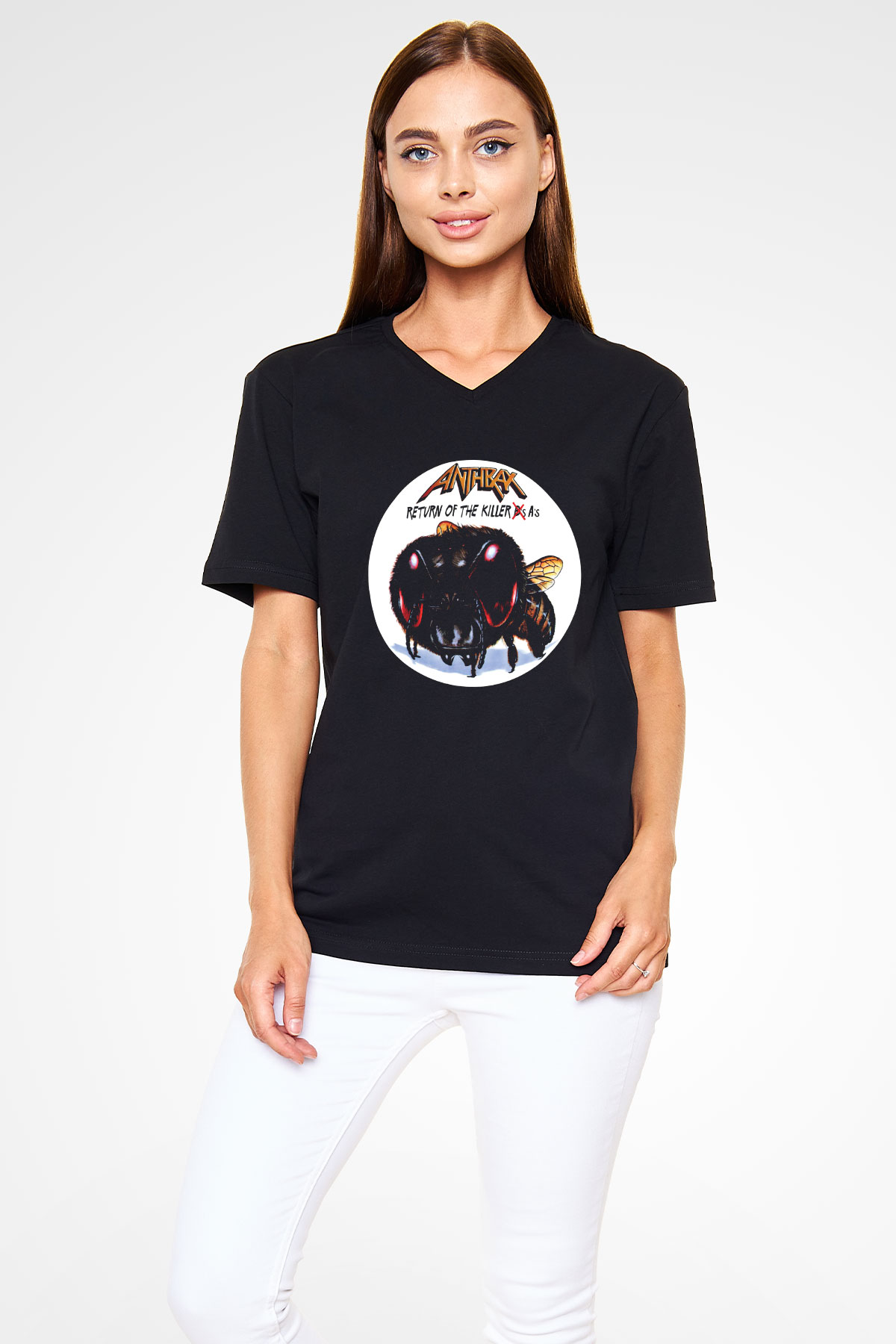 Anthrax Baskılı Unisex Siyah V Yaka Tişört