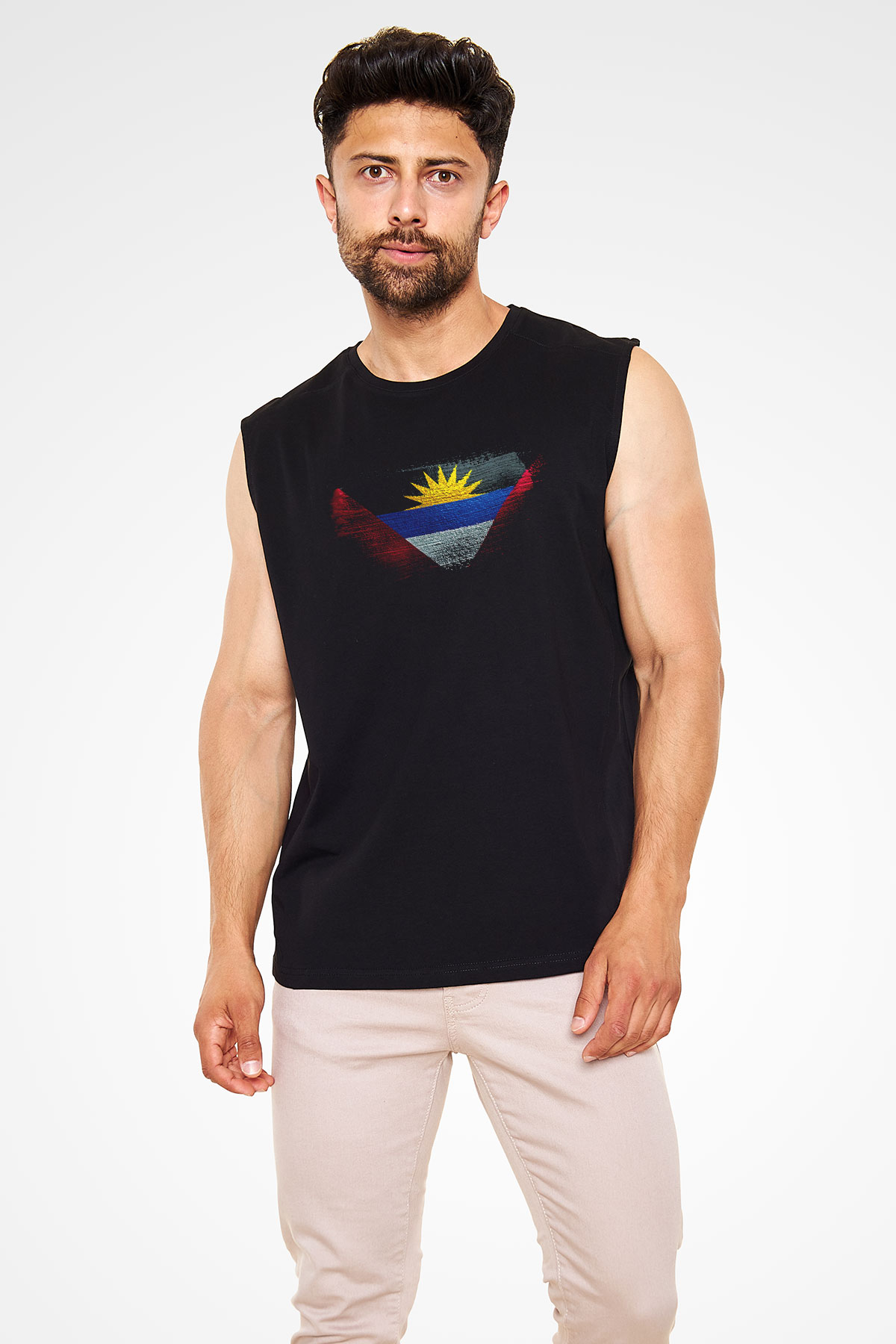 Antigua Barbuda Bayrağı Baskılı Unisex Siyah Kolsuz Tişört