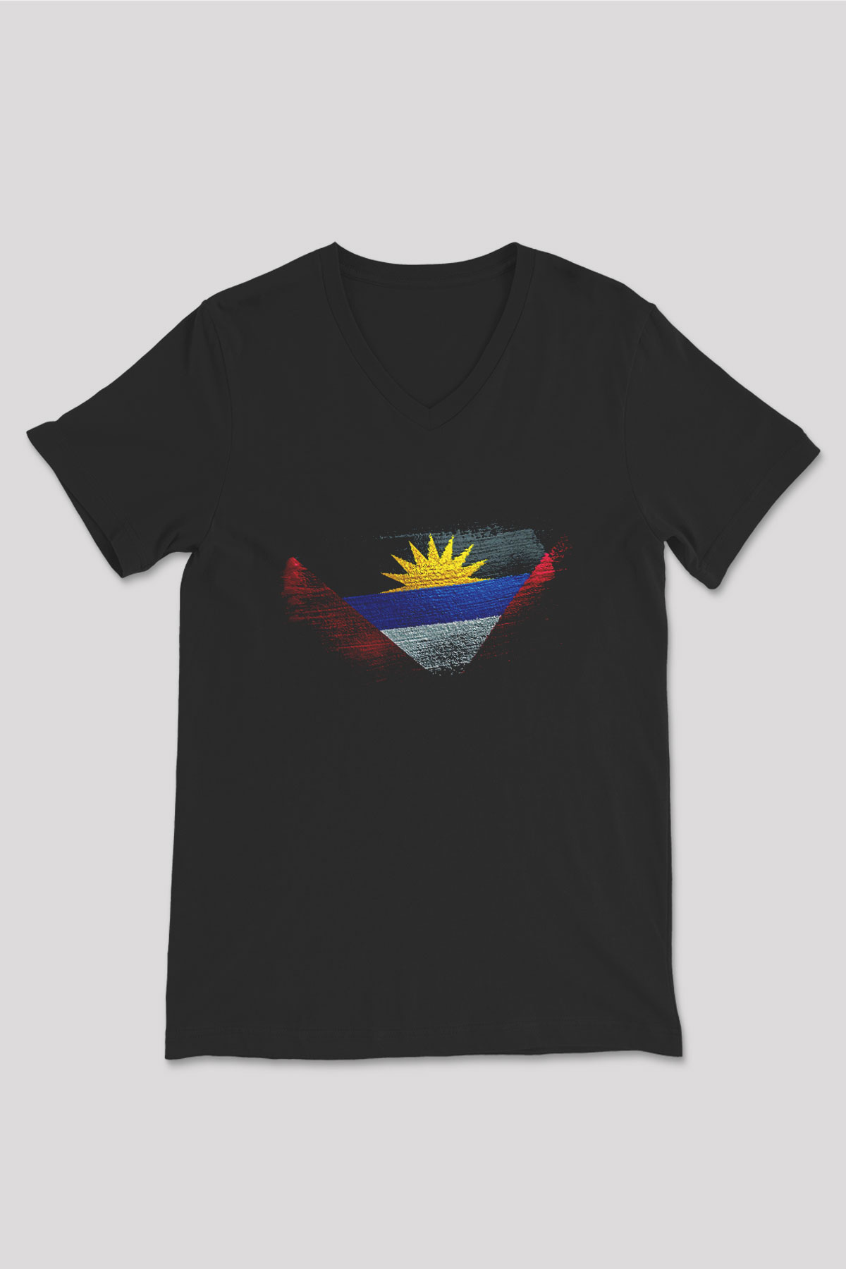 Antigua Barbuda Bayrağı Baskılı Unisex Siyah V Yaka Tişört
