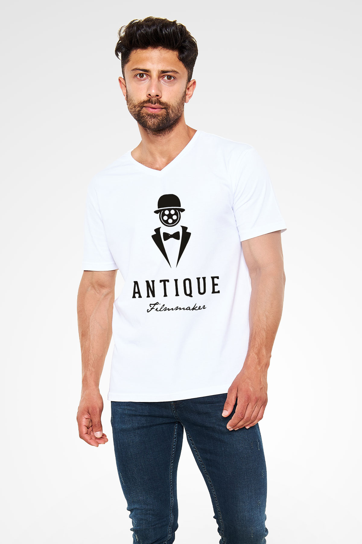 Antika satıcısı Beyaz Unisex V Yaka Tişört