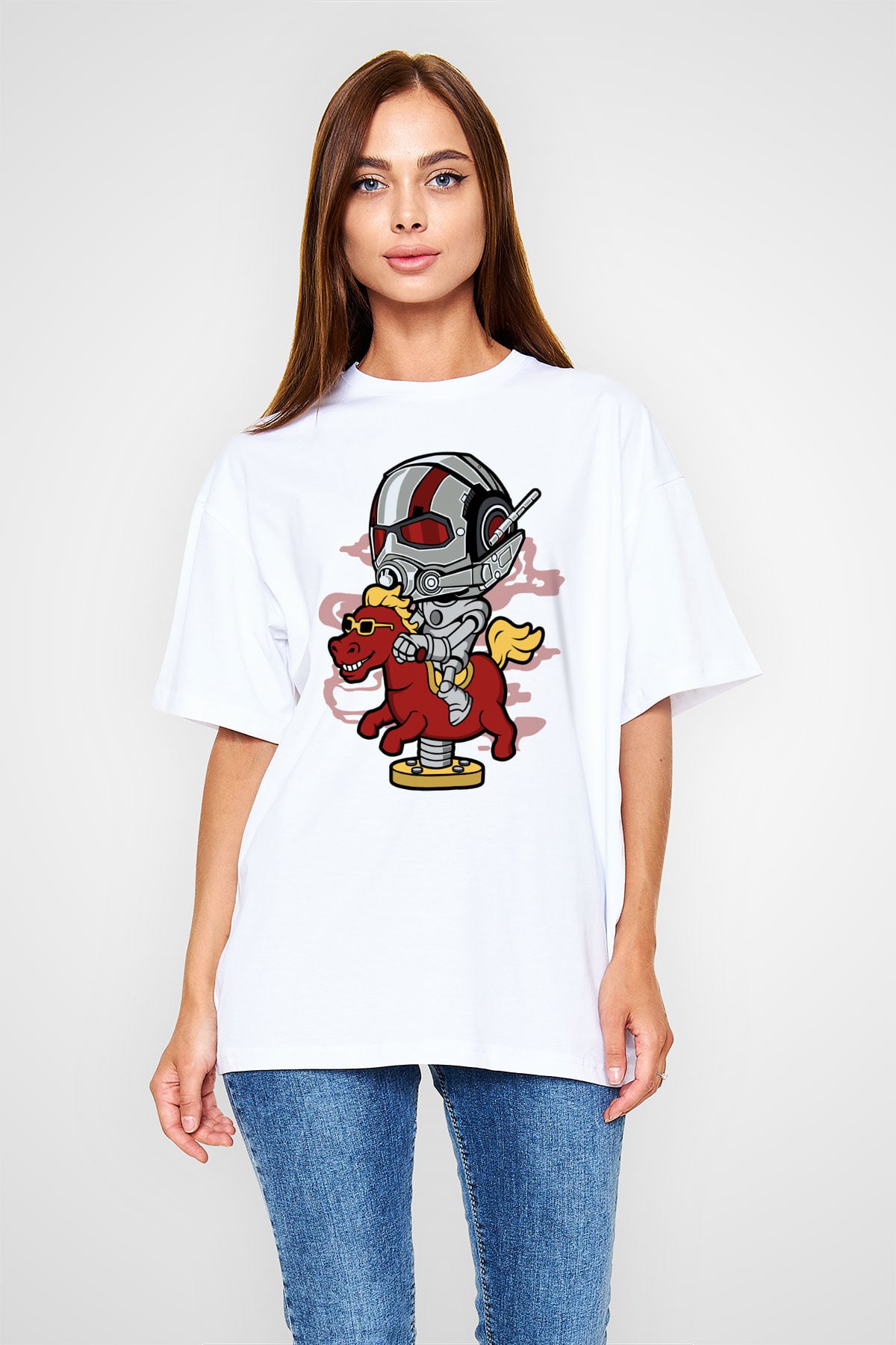 Antman Riding Horse Baskılı Unisex Beyaz Oversize Tişört