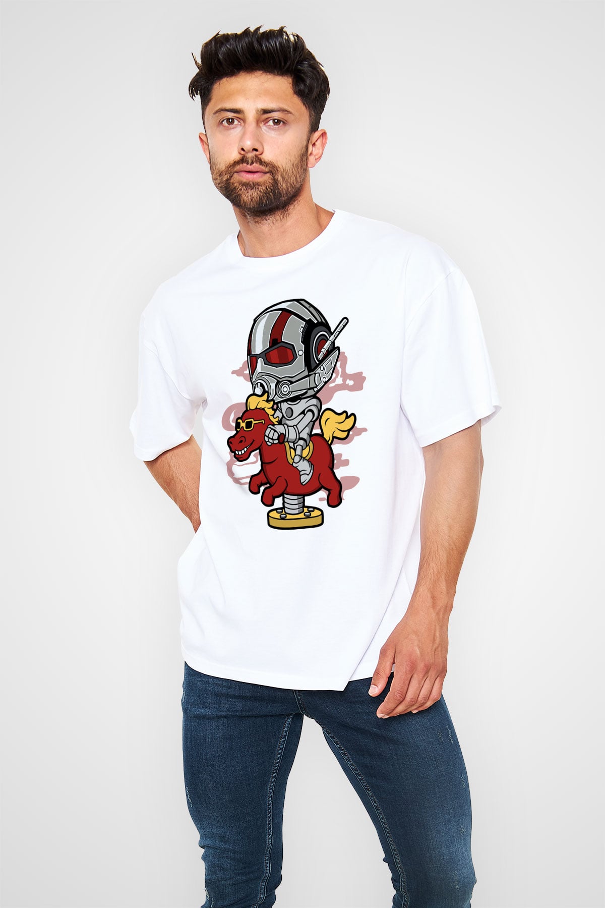 Antman Riding Horse Baskılı Unisex Beyaz Oversize Tişört