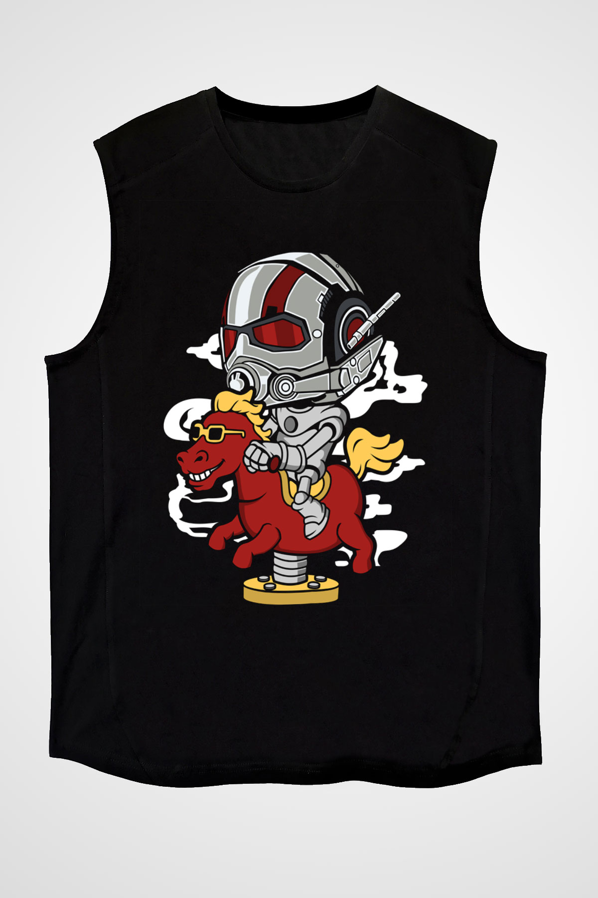 Antman Riding Horse Baskılı Unisex Siyah Kolsuz Tişört