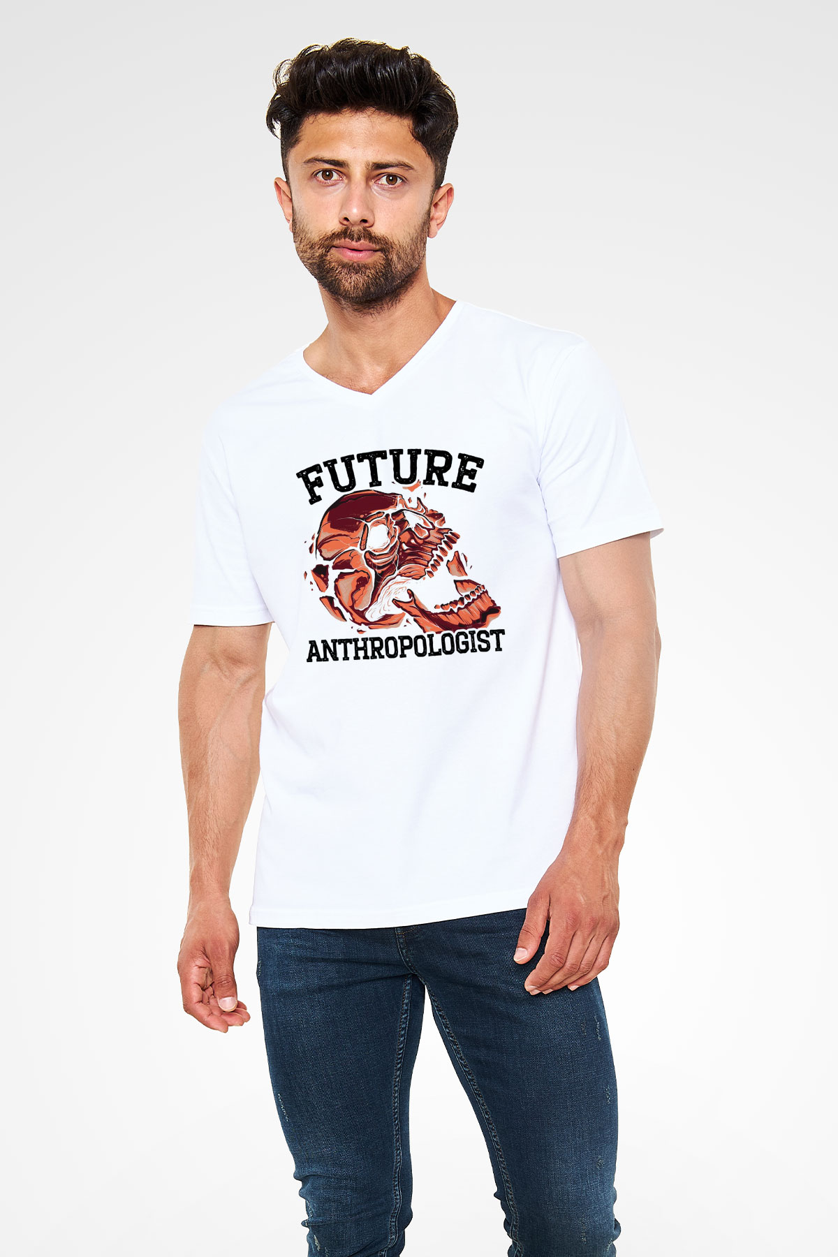 Antropolog Beyaz Unisex V Yaka Tişört