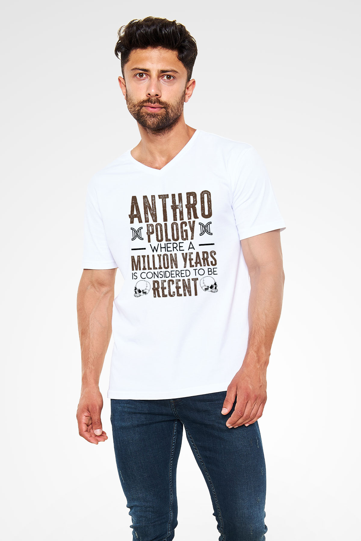 Antropolog Beyaz Unisex V Yaka Tişört