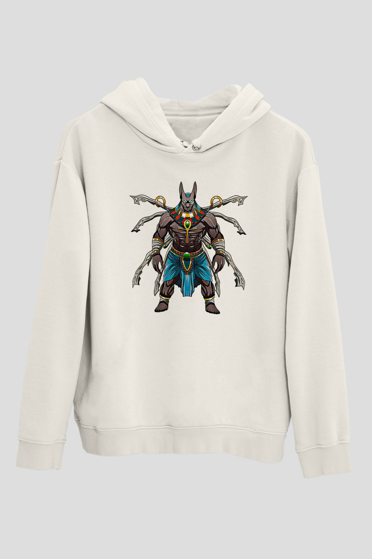 Anubis Baskılı Beyaz Unisex Hoodie