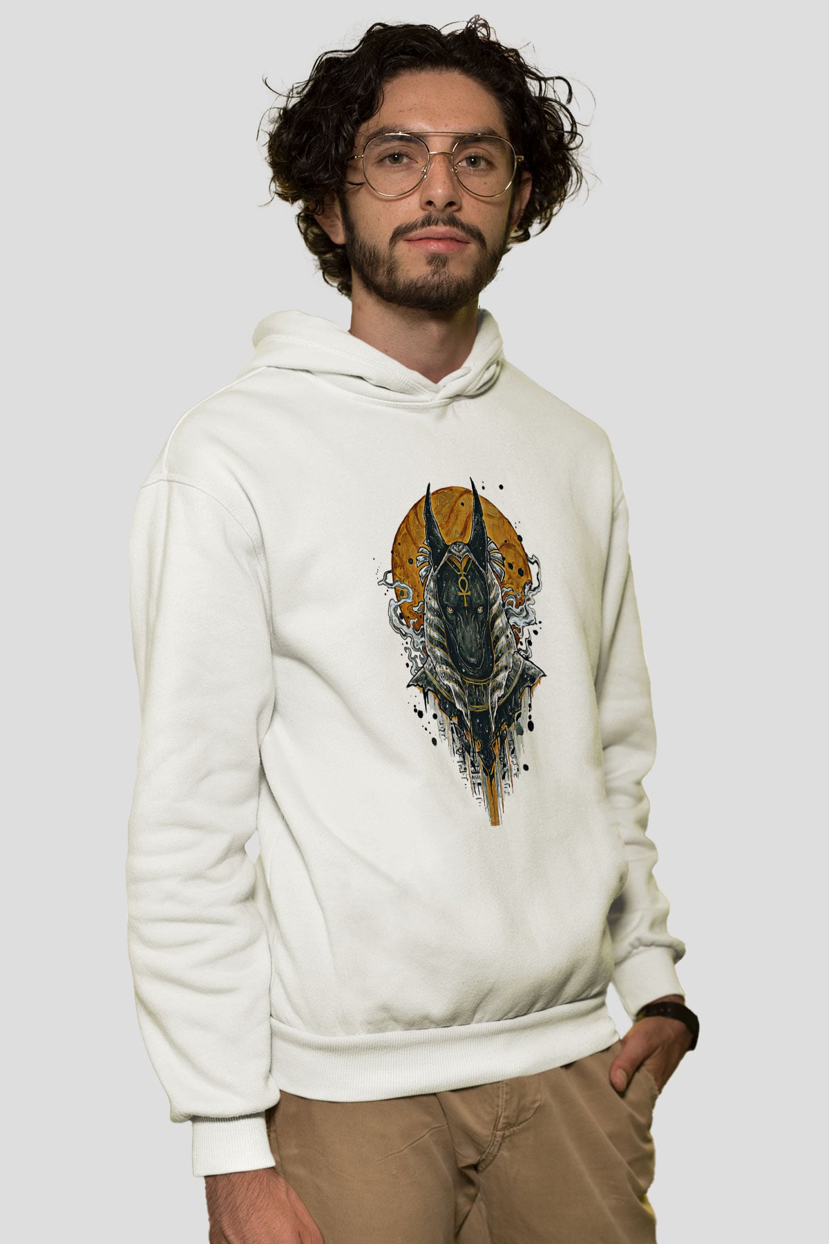 Anubis Baskılı Beyaz Unisex Hoodie