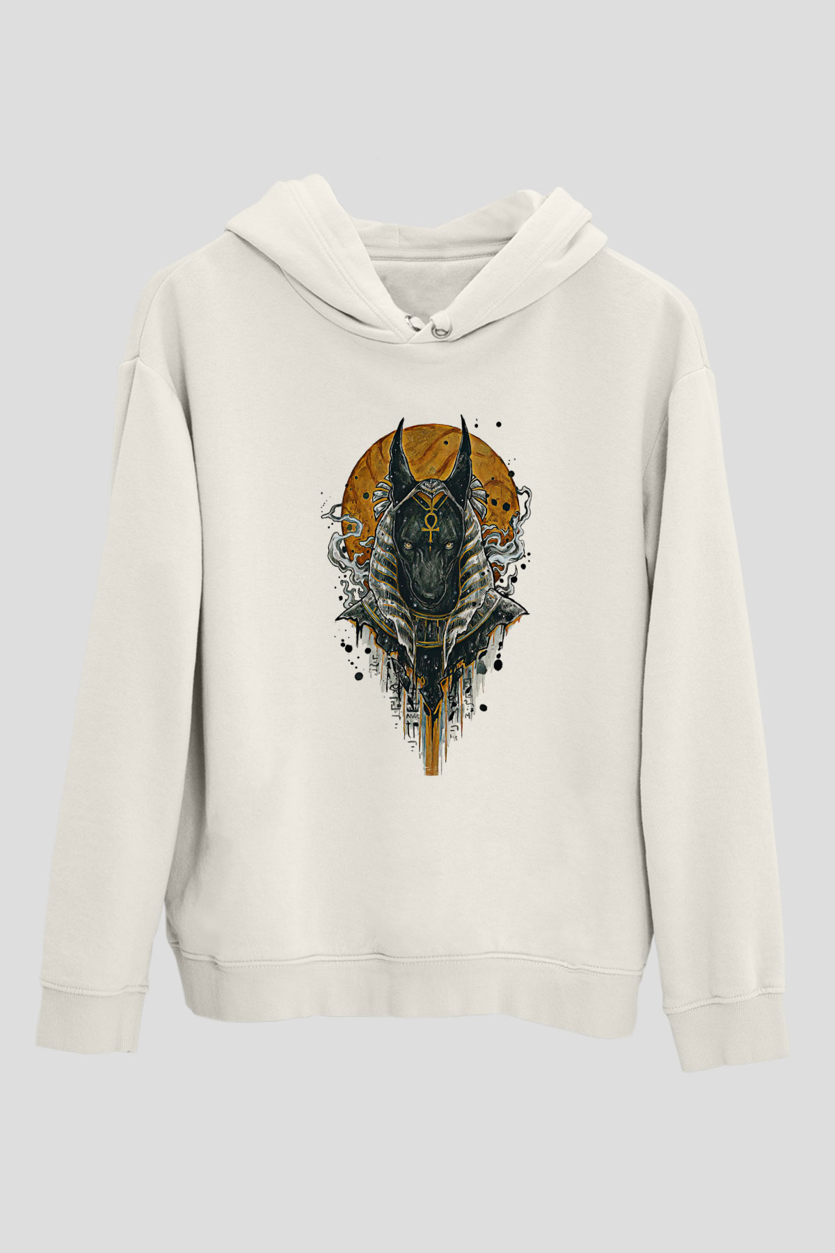 Anubis Baskılı Beyaz Unisex Hoodie