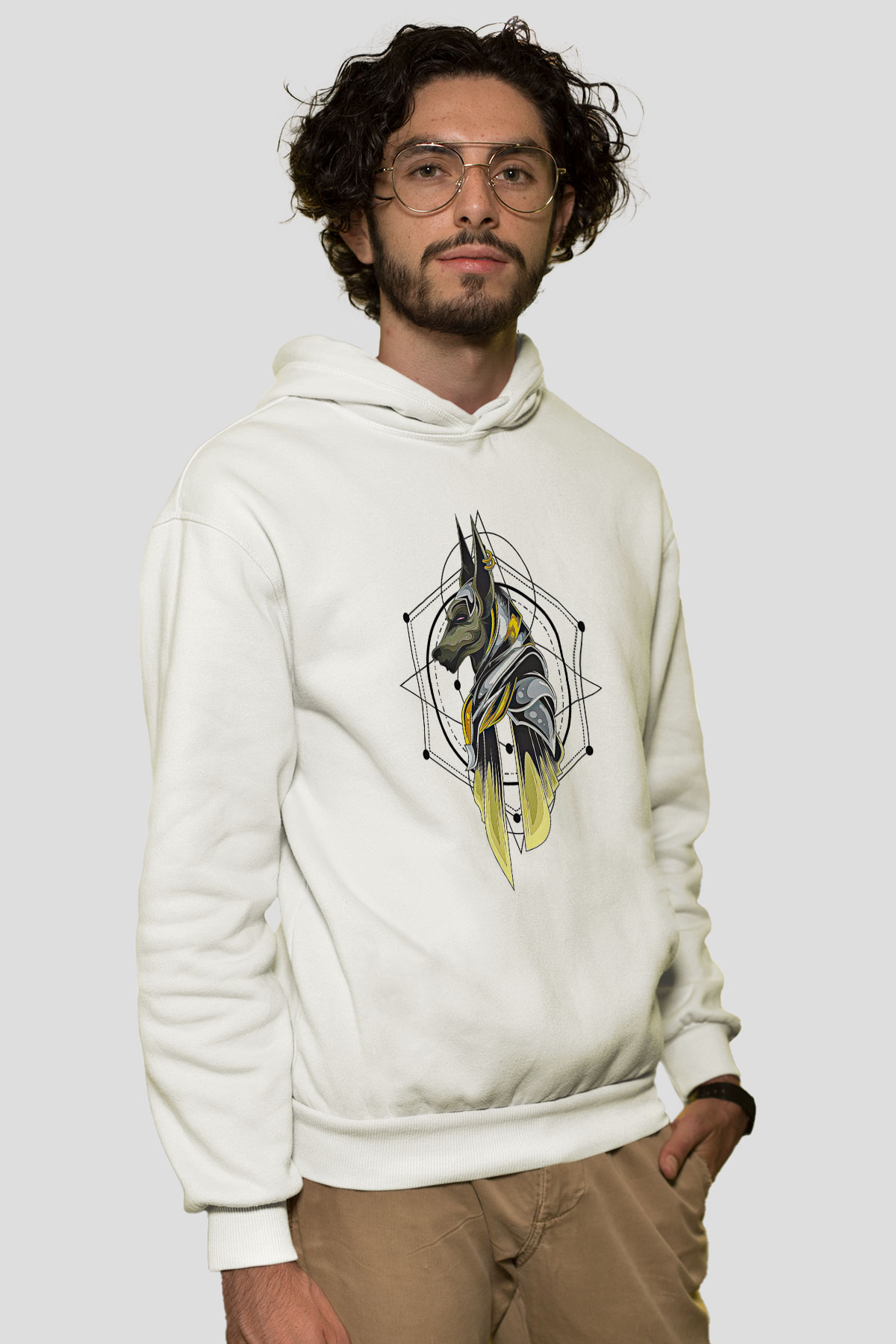 Anubis Baskılı Beyaz Unisex Hoodie