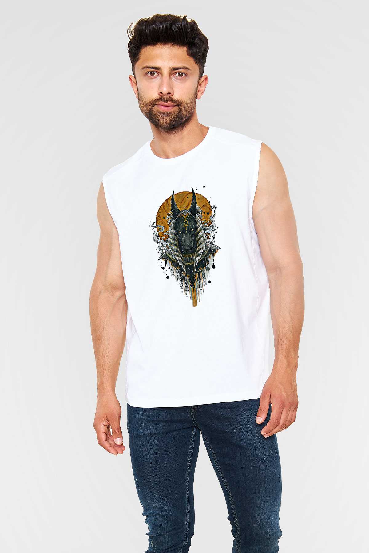Anubis Baskılı Beyaz Unisex Kolsuz Tişört - Tshirt