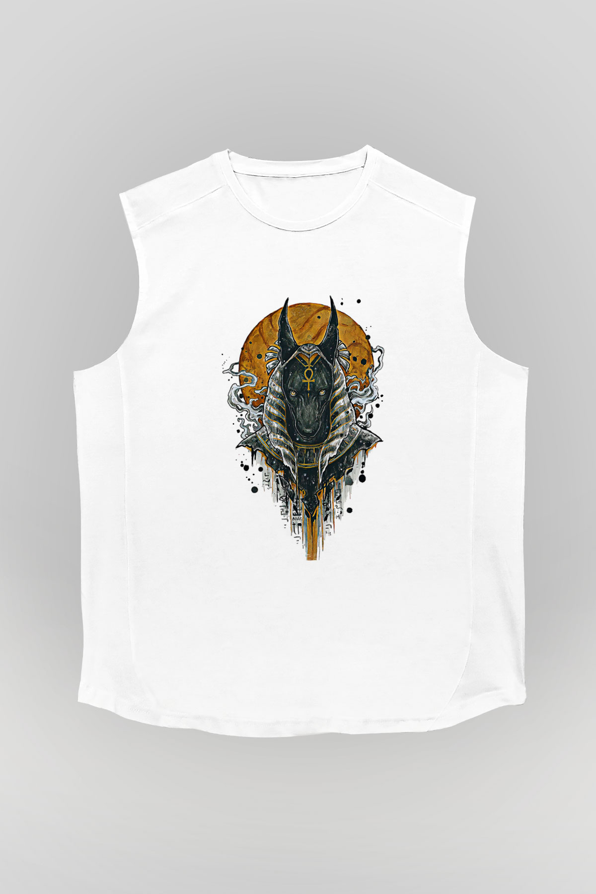 Anubis Baskılı Beyaz Unisex Kolsuz Tişört - Tshirt