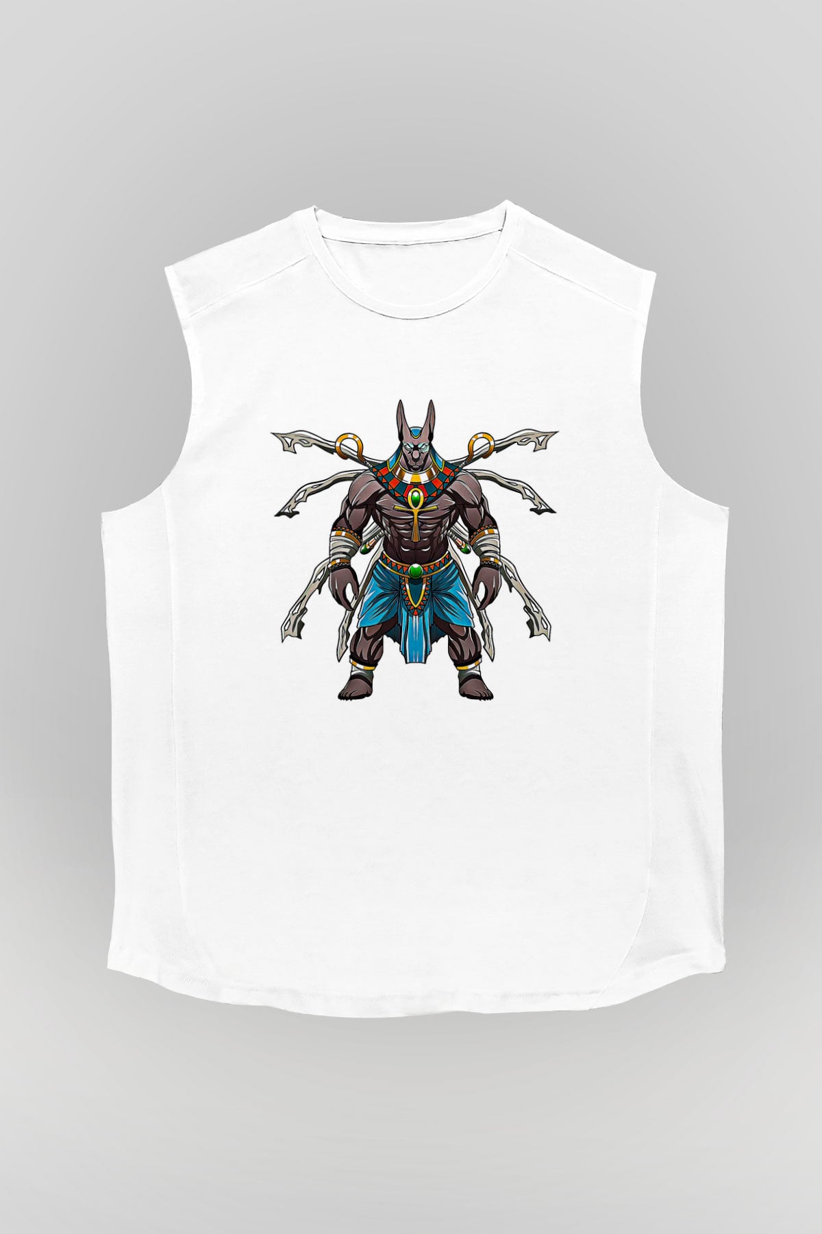 Anubis Baskılı Beyaz Unisex Kolsuz Tişört - Tshirt