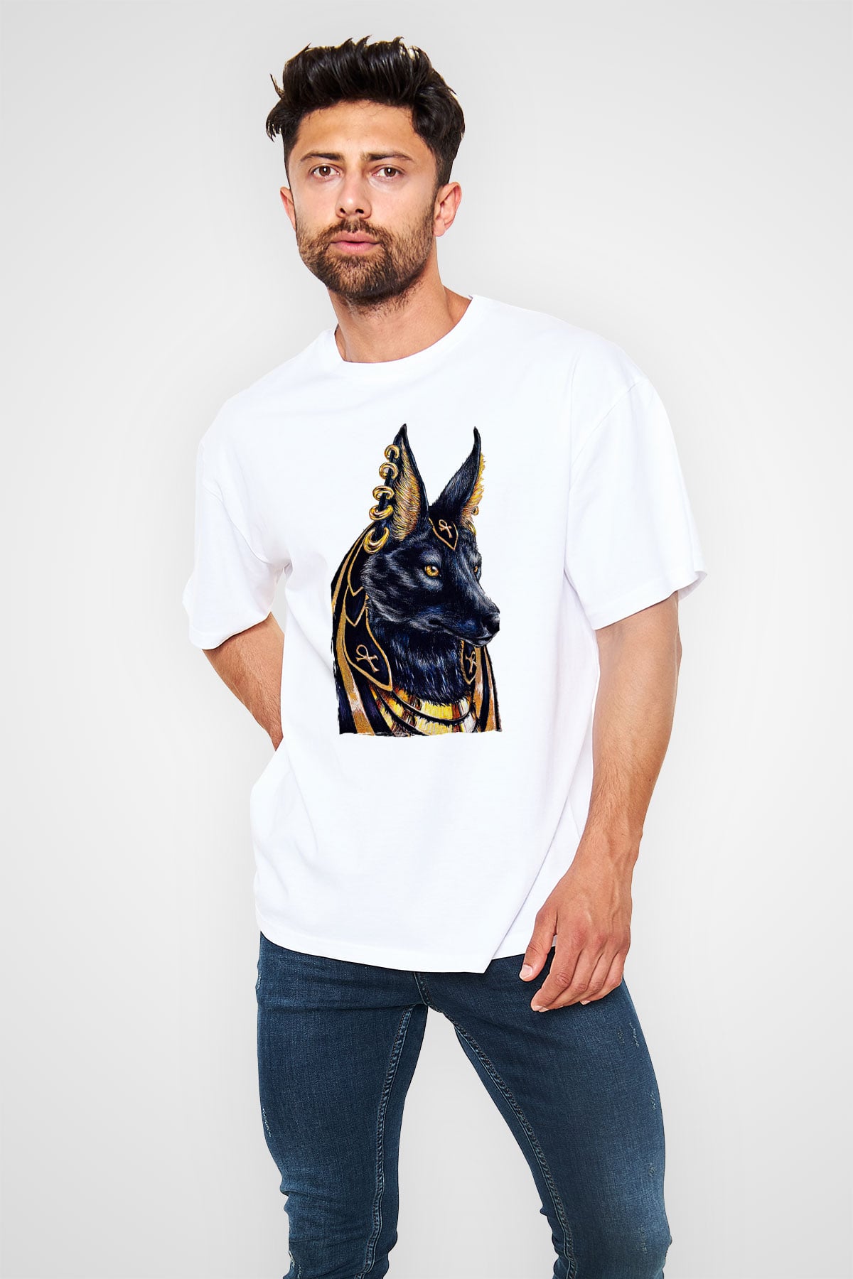 Anubis Baskılı Beyaz Unisex Oversize Tişört - Tshirt