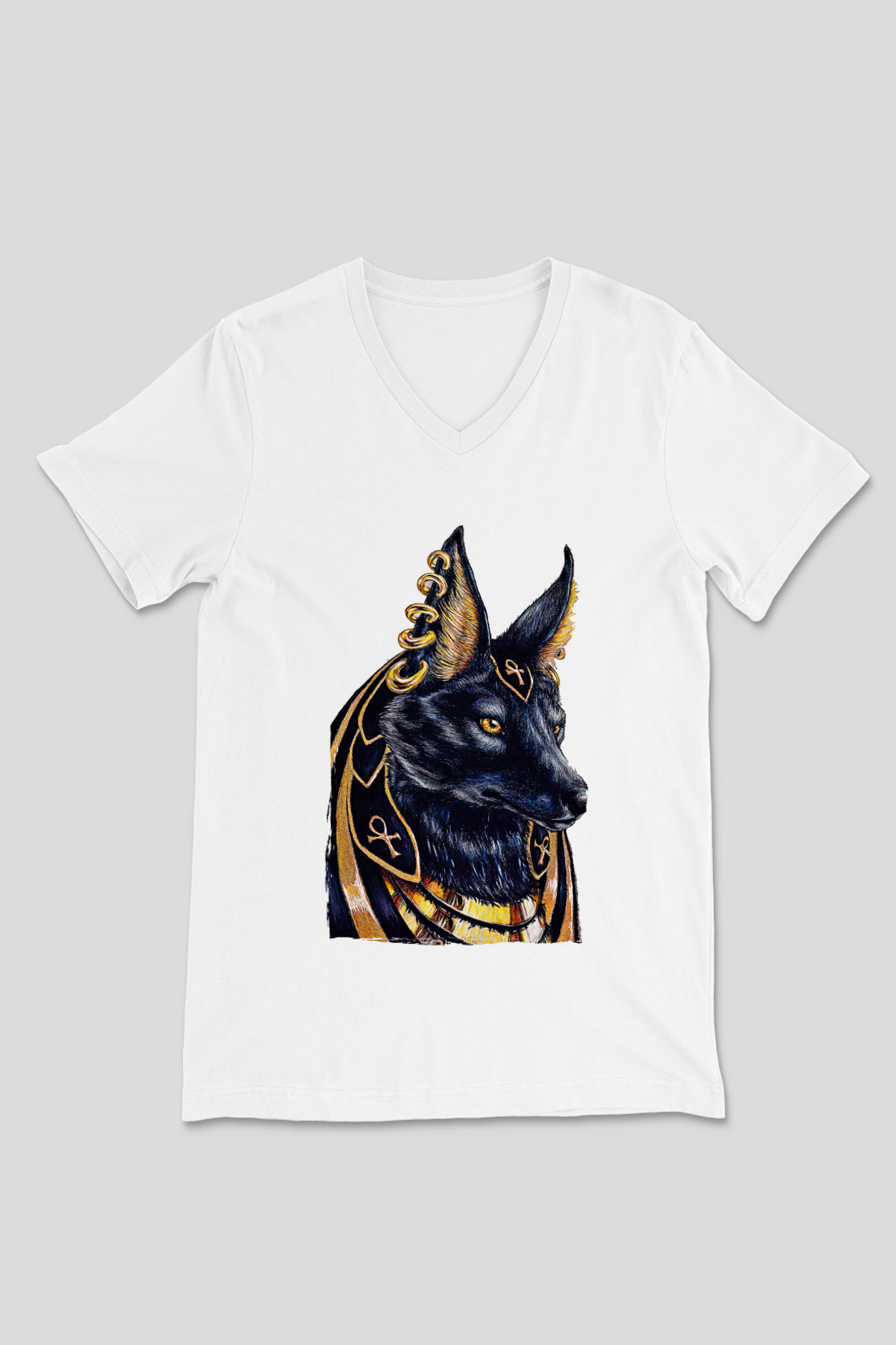Anubis Baskılı Beyaz Unisex V Yaka Tişört - Tshirt