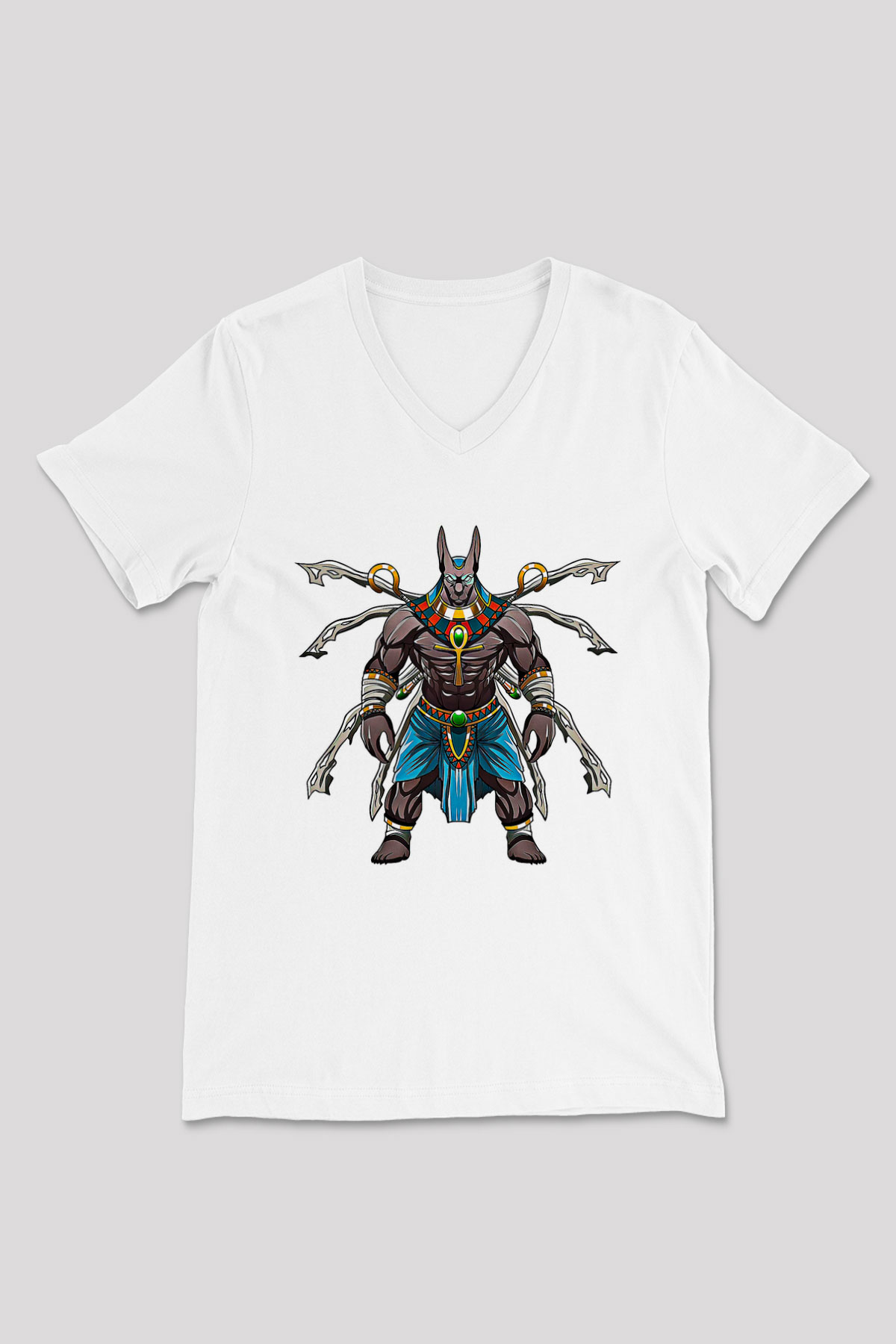 Anubis Baskılı Beyaz Unisex V Yaka Tişört - Tshirt