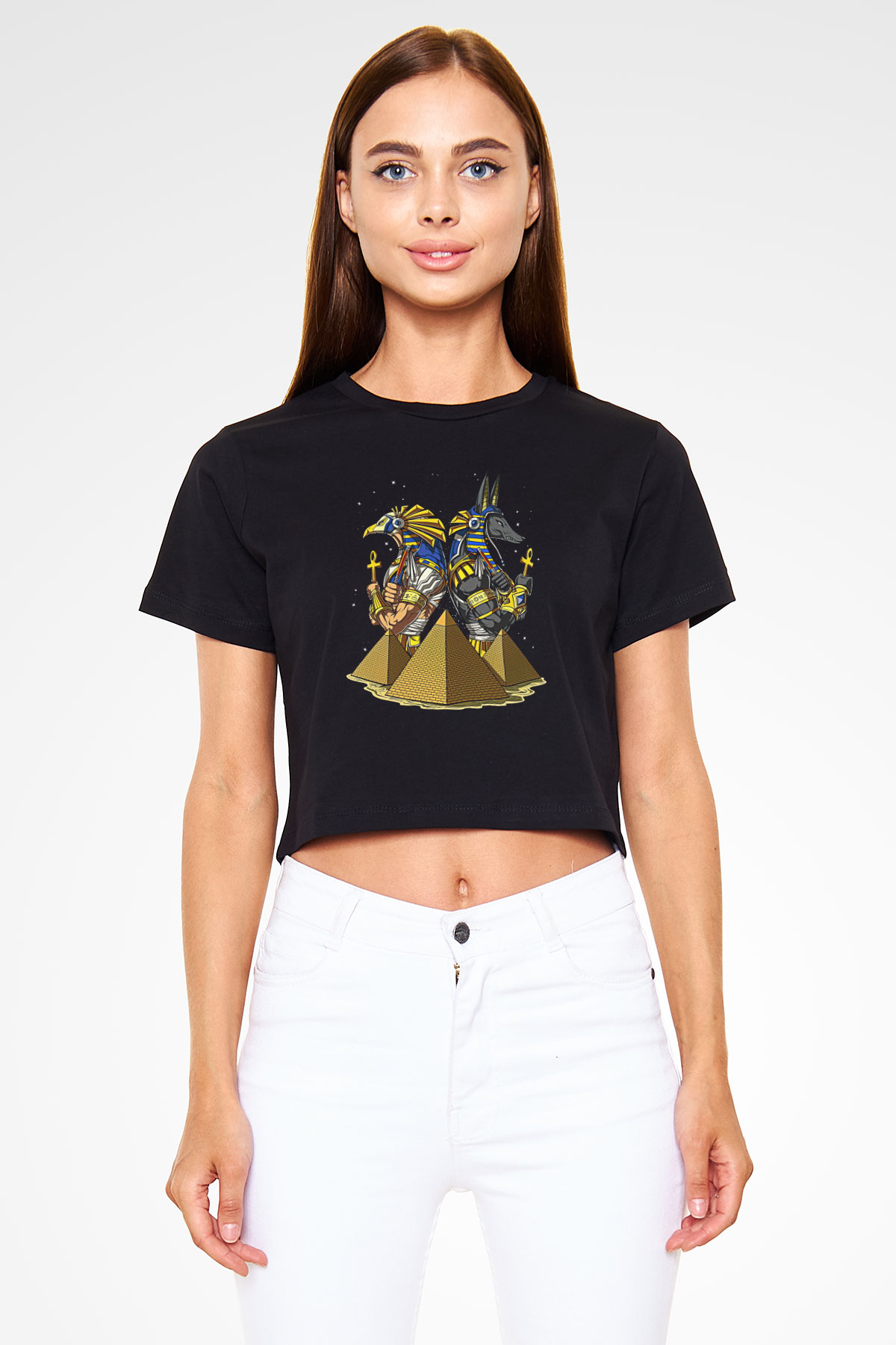 Anubis Baskılı Siyah Crop Top Kadın Tişört - Tshirt