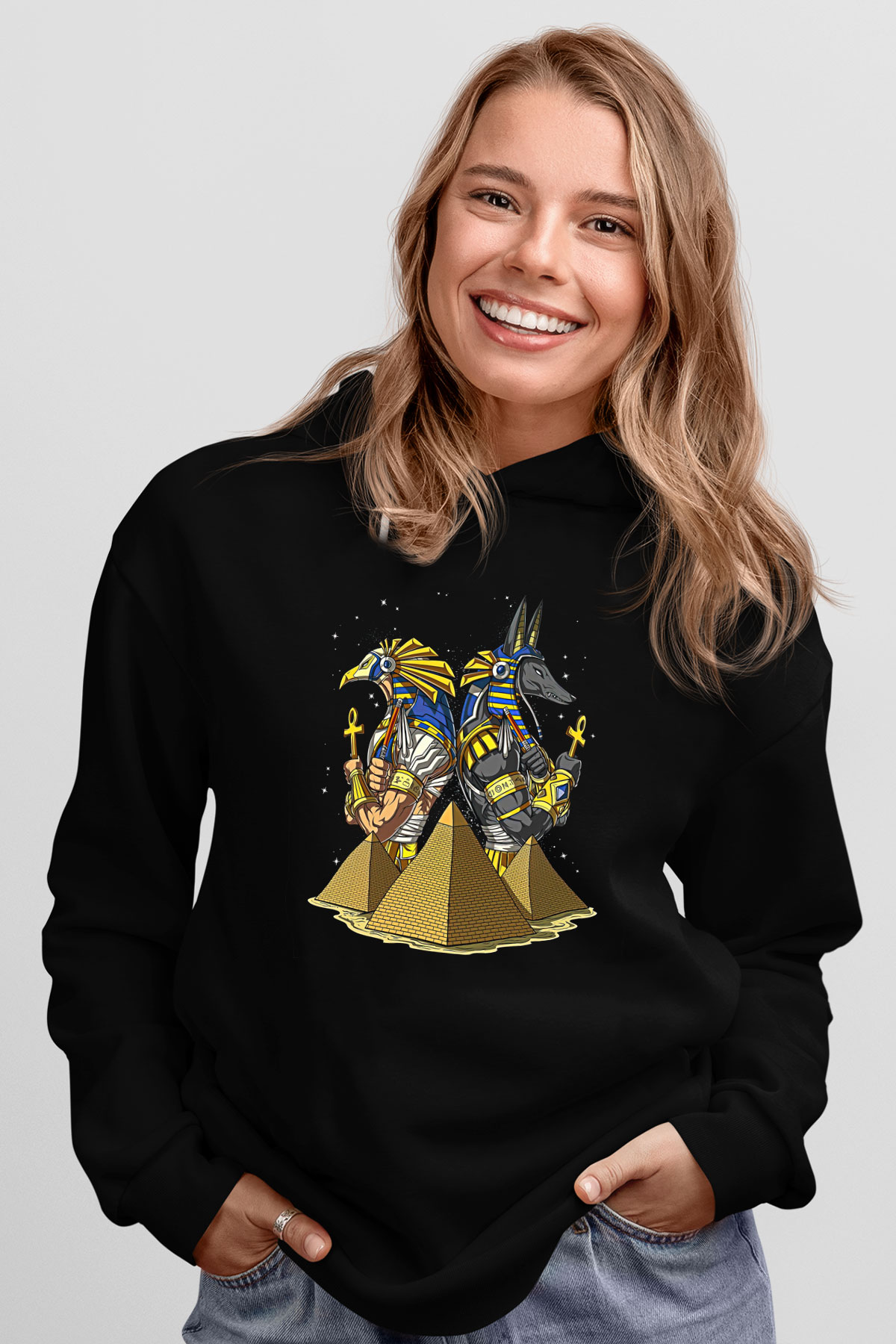 Anubis Baskılı Unisex Siyah Hoodie