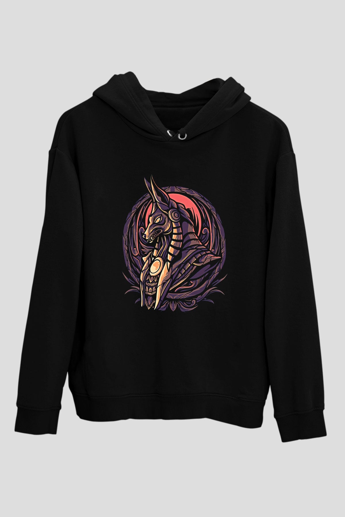 Anubis Baskılı Unisex Siyah Hoodie