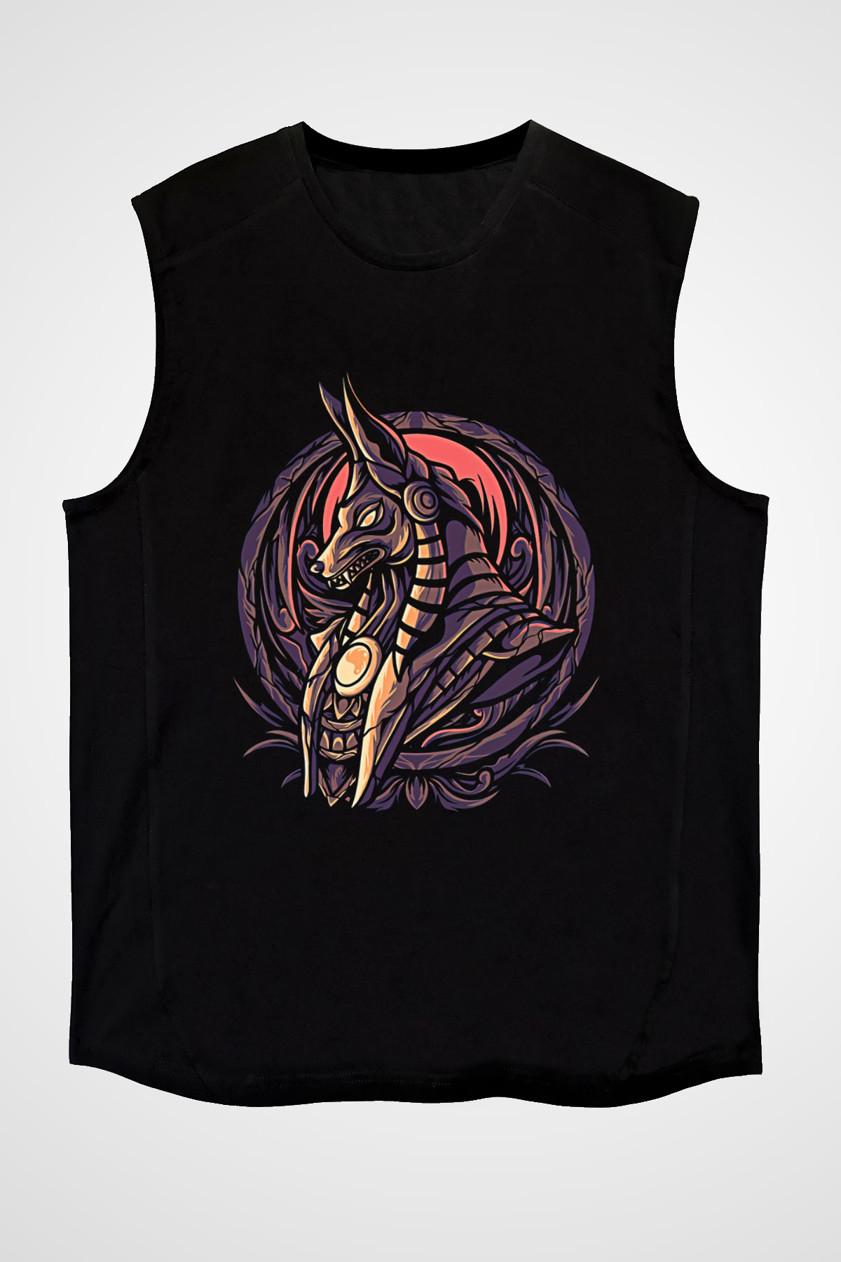 Anubis Baskılı Unisex Siyah Kolsuz Tişört - Tshirt