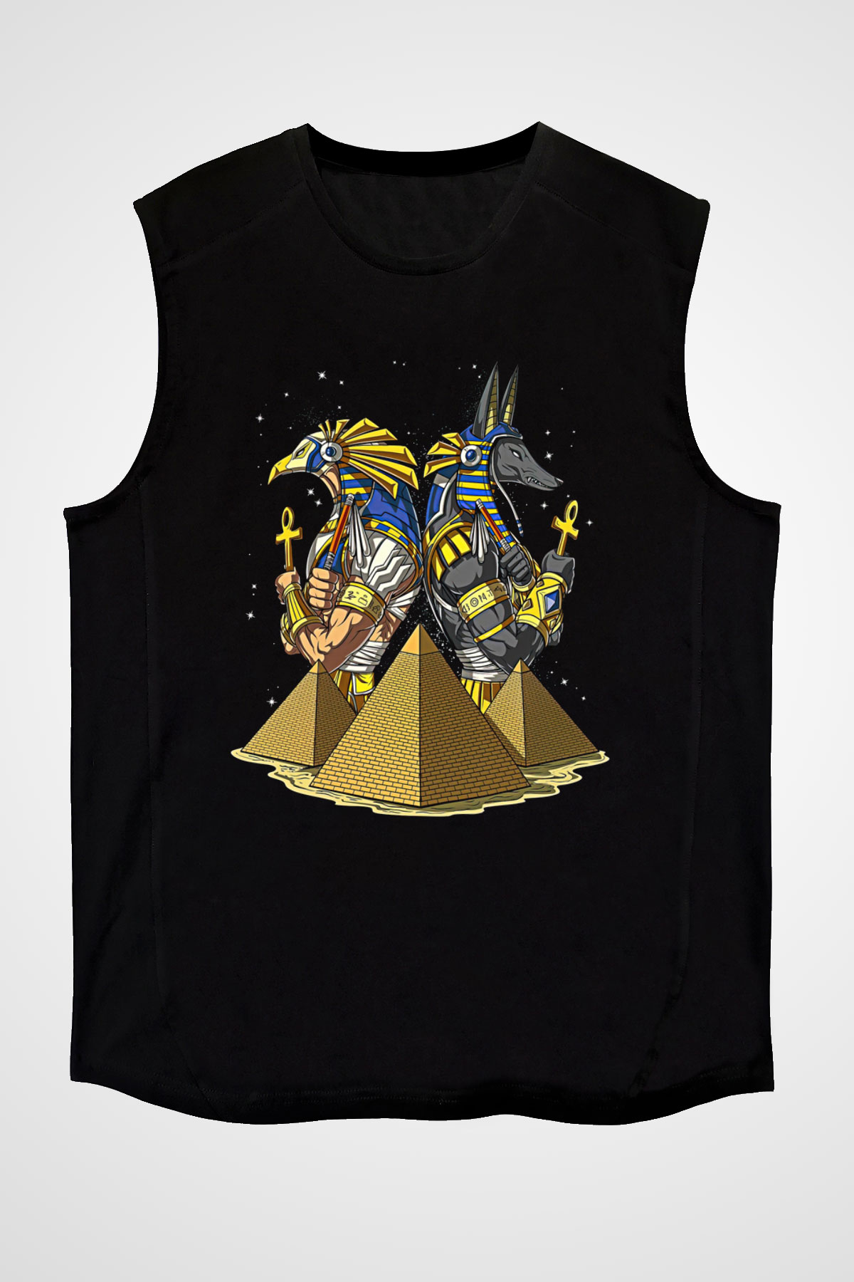 Anubis Baskılı Unisex Siyah Kolsuz Tişört - Tshirt