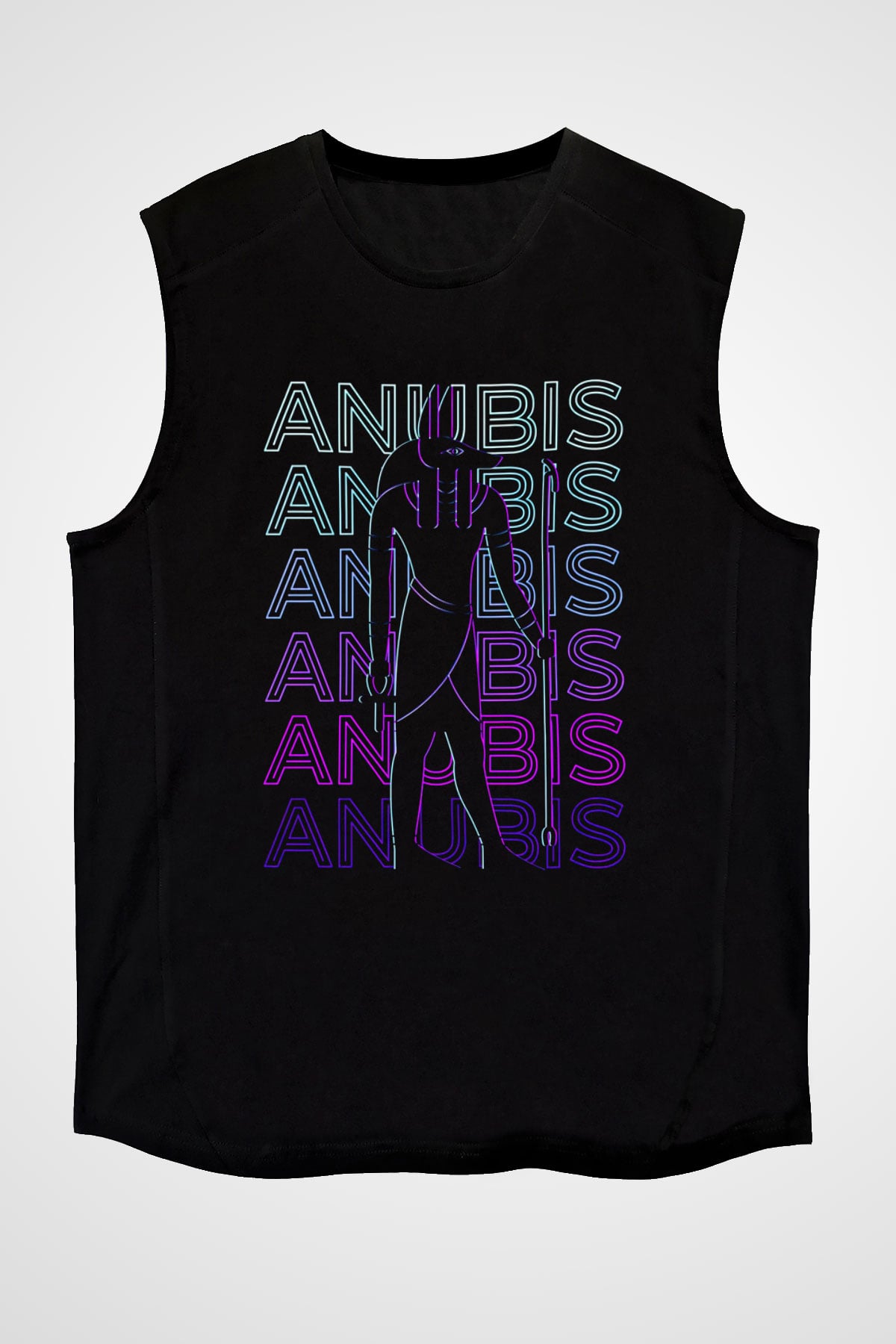 Anubis Baskılı Unisex Siyah Kolsuz Tişört - Tshirt